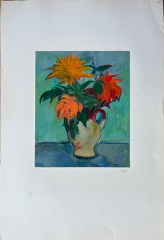 Peinture à l'huile d'une vibrante nature morte de tournesols et de fleurs orange dans une cruche