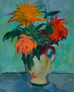 Pittura a olio di una vibrante natura morta di girasoli e fiori arancioni in una brocca
