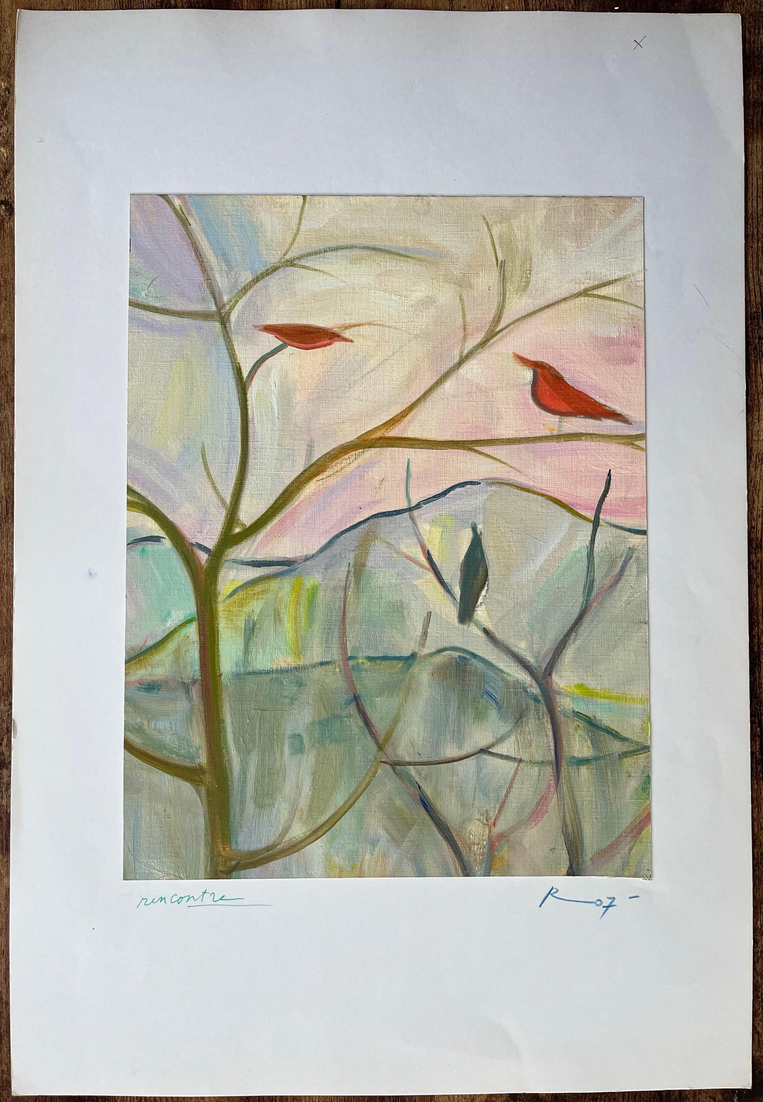 Óleo original Paisaje abstracto con pájaros sobre ramas al amanecer - Painting Posimpresionista de Roland Pichard