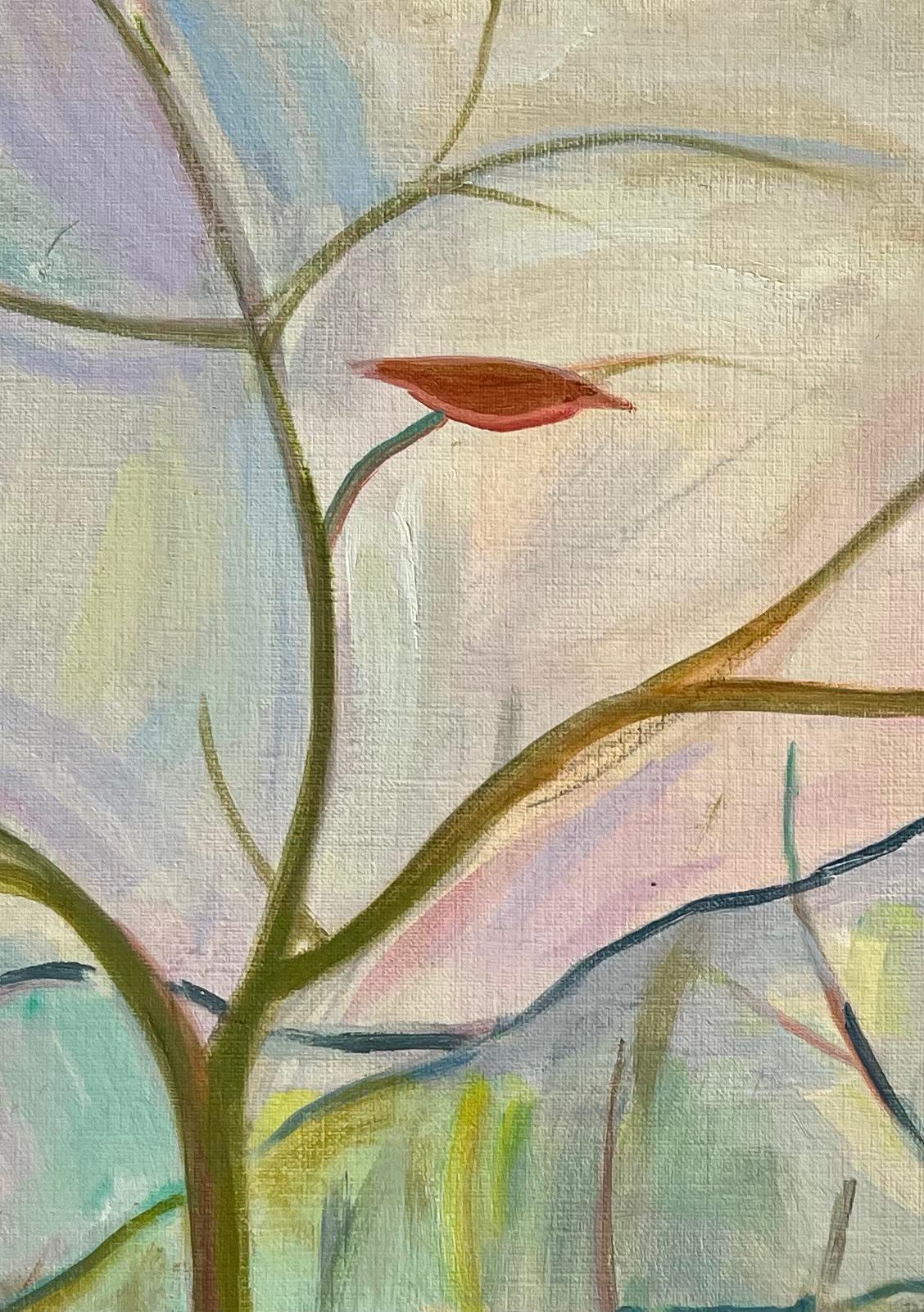 Óleo original Paisaje abstracto con pájaros sobre ramas al amanecer - Abstract Painting Gris de Roland Pichard