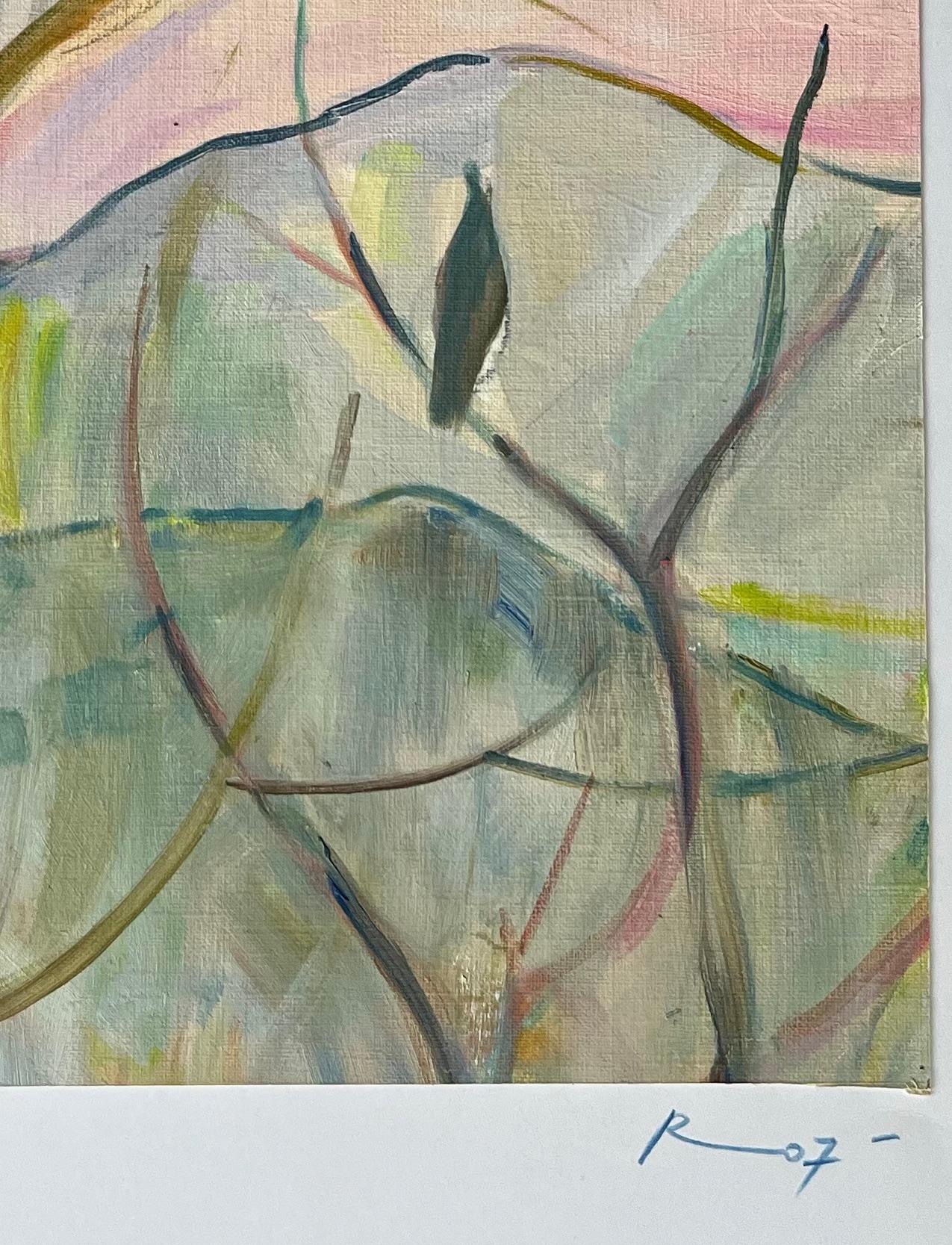 Óleo original Paisaje abstracto con pájaros sobre ramas al amanecer en venta 1
