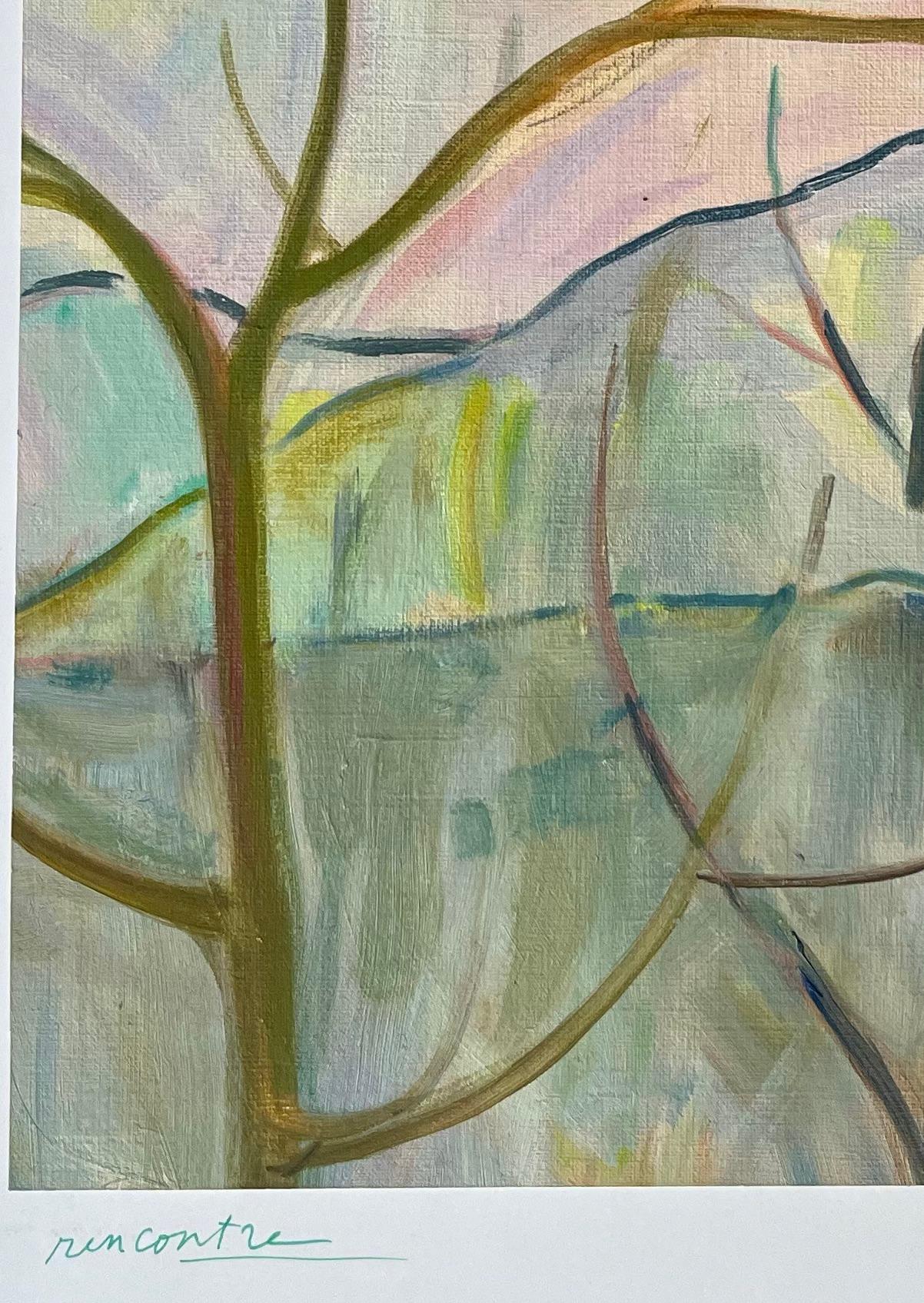 Óleo original Paisaje abstracto con pájaros sobre ramas al amanecer en venta 2