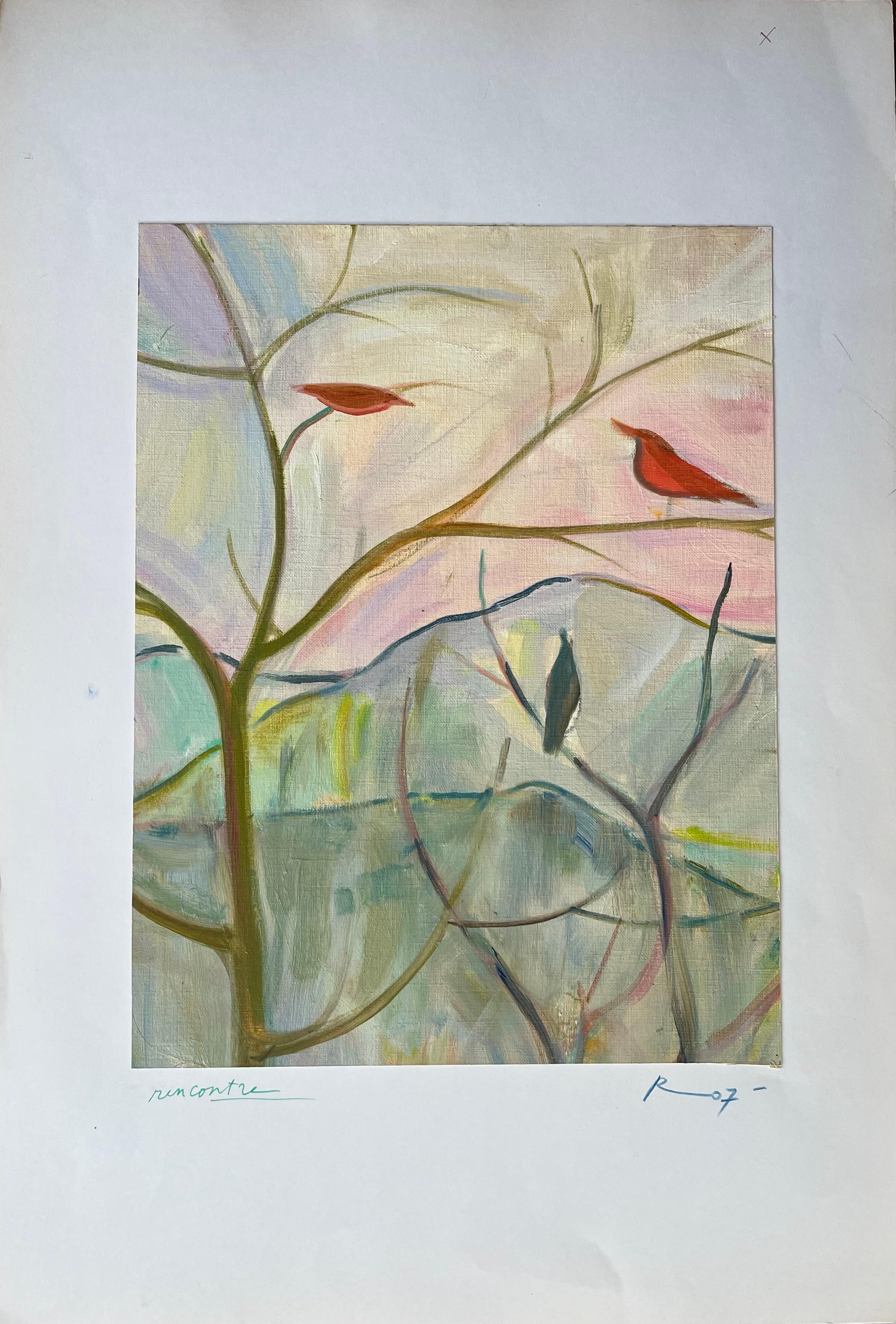 Óleo original Paisaje abstracto con pájaros sobre ramas al amanecer - Painting de Roland Pichard