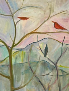 Original Oil Abstract Landscape with Birds on Branches at Sunrise