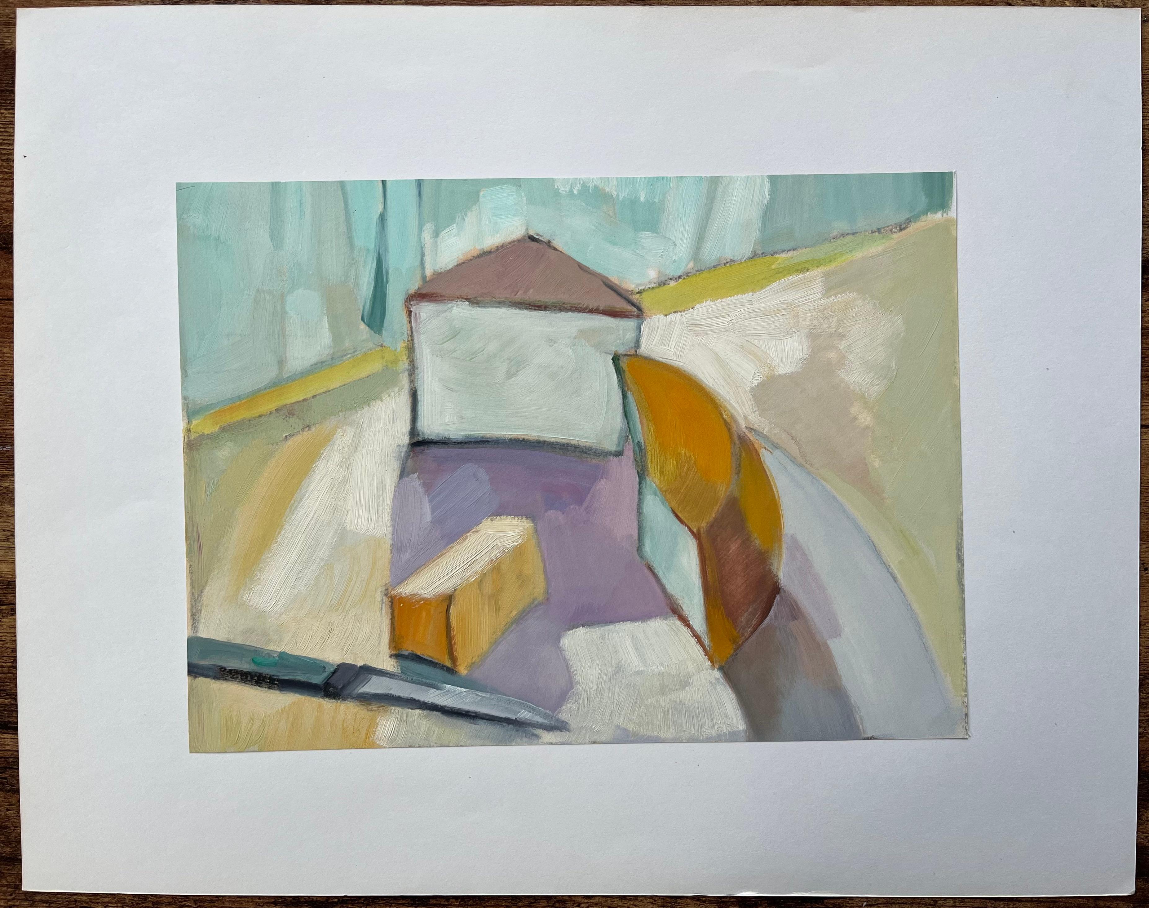 Original Abstraktes Öl-Stillleben mit Käseschienen und Messer, Öl (Post-Impressionismus), Painting, von Roland Pichard