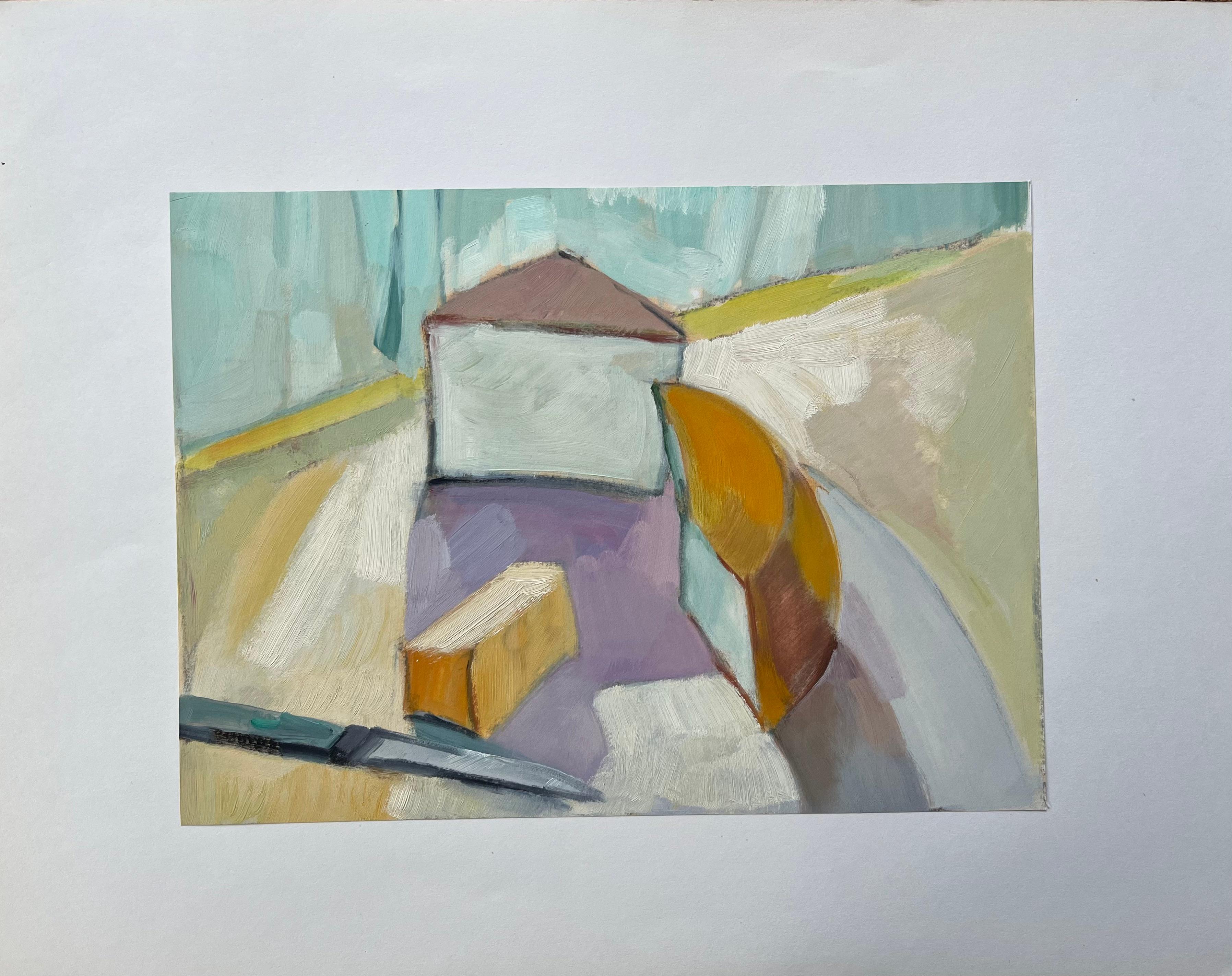 Original Abstraktes Öl-Stillleben mit Käseschienen und Messer, Öl – Painting von Roland Pichard