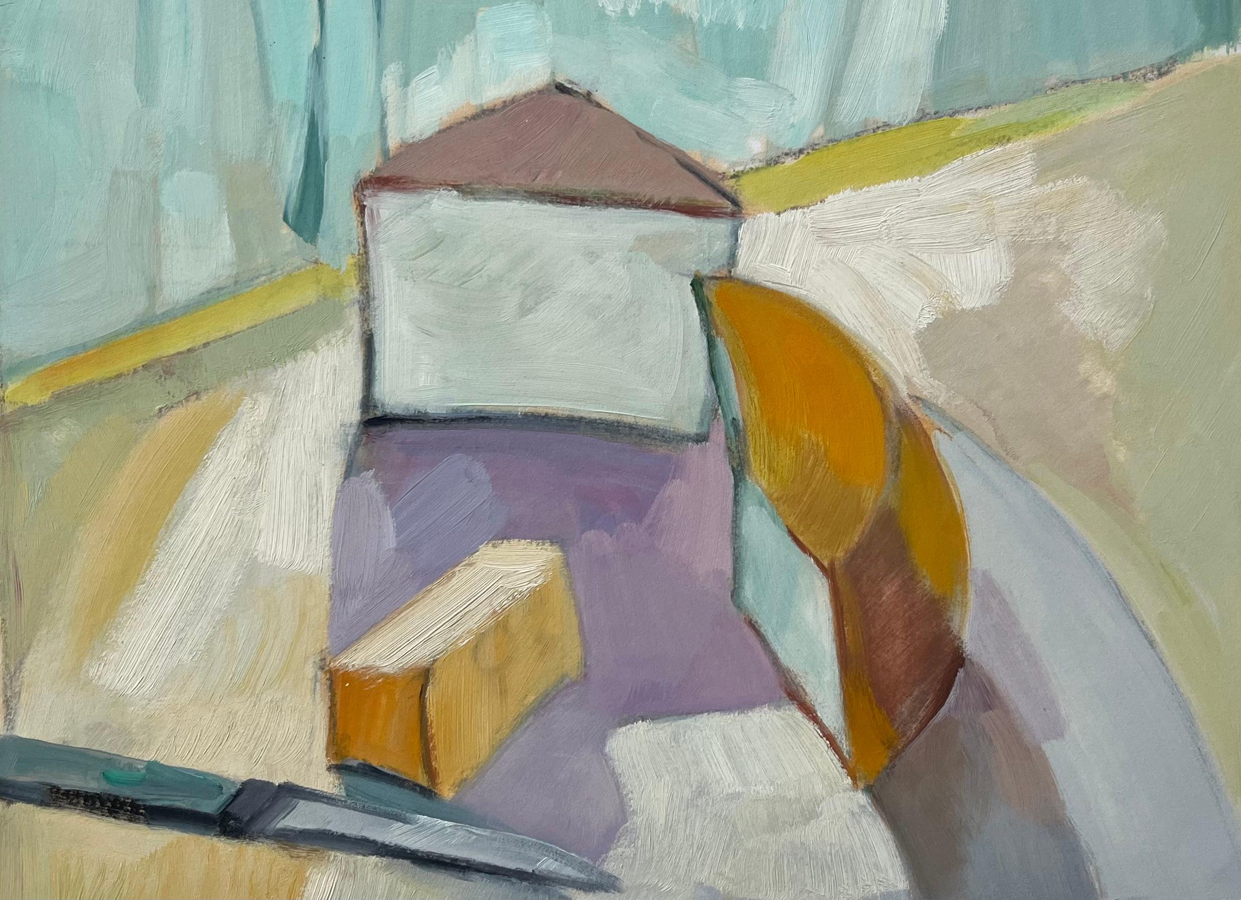 Roland Pichard Still-Life Painting – Original Abstraktes Öl-Stillleben mit Käseschienen und Messer, Öl