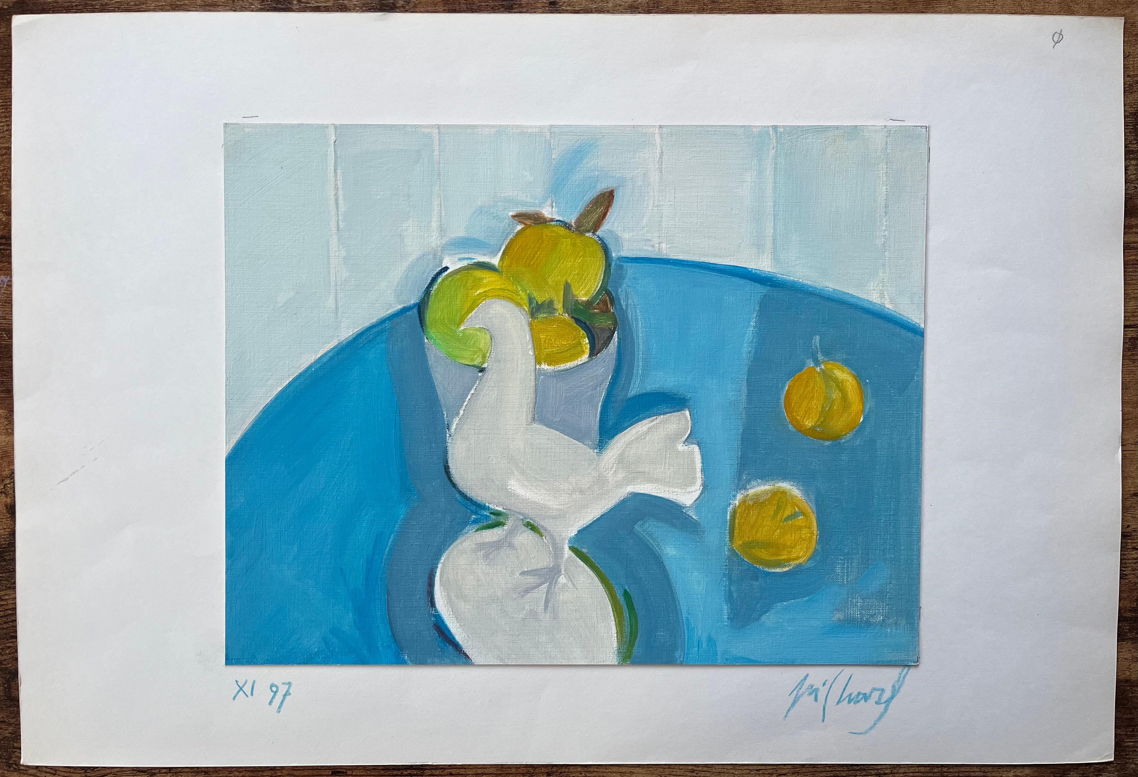 Natura morta astratta originale ad olio con colomba e fruttiera su un tavolo blu - Painting Postimpressionismo di Roland Pichard