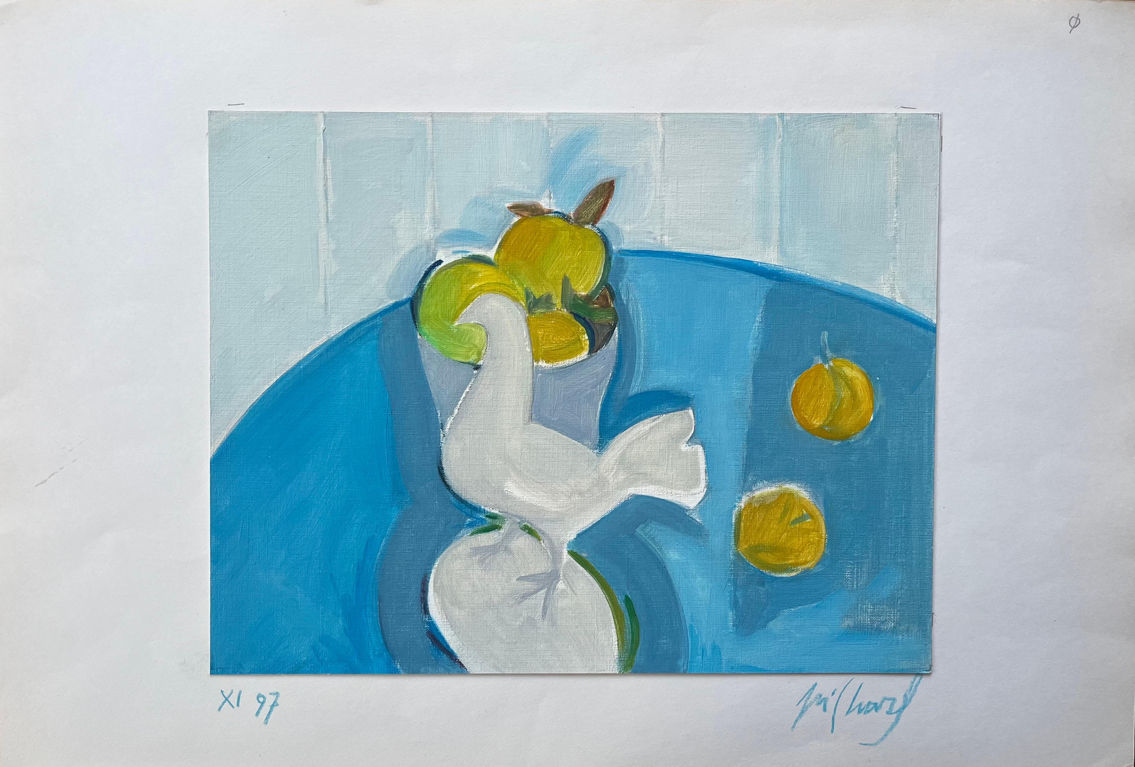Natura morta astratta originale ad olio con colomba e fruttiera su un tavolo blu - Painting di Roland Pichard