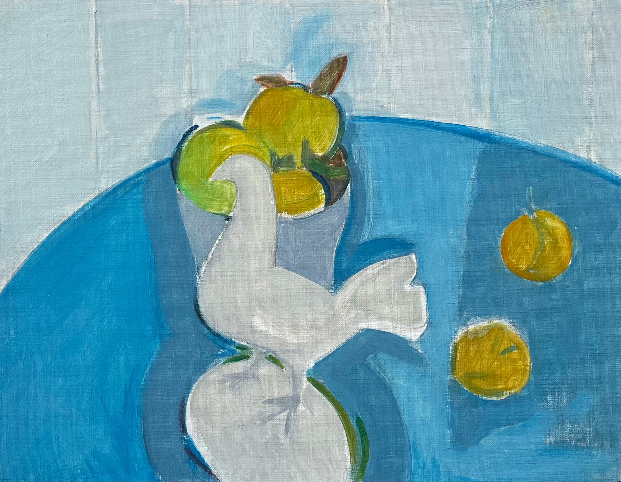 Abstract Painting di Roland Pichard - Natura morta astratta originale ad olio con colomba e fruttiera su un tavolo blu