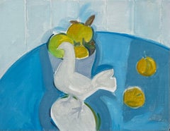 Original Oil Abstract Still Life with Dove and Fruit Bowl on a Blue Table