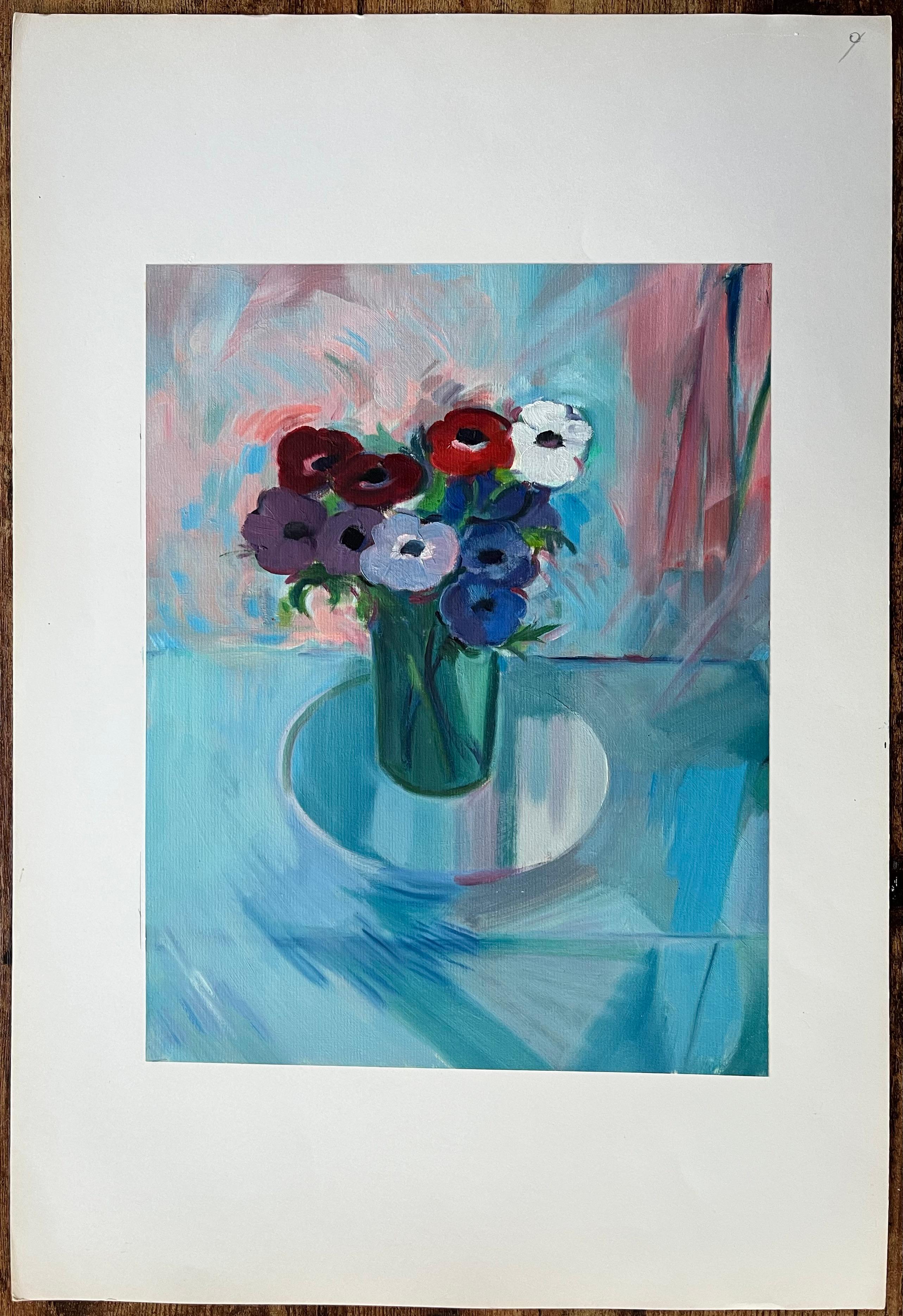 Original Oil Painting of a Bouquet of Anemones in Full Bloom on a Glass Table - Blue Abstract Painting by Roland Pichard