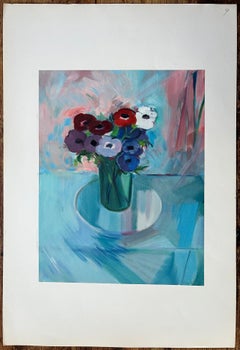 Original Oil Painting of a Bouquet of Anemones in Full Bloom on a Glass Table