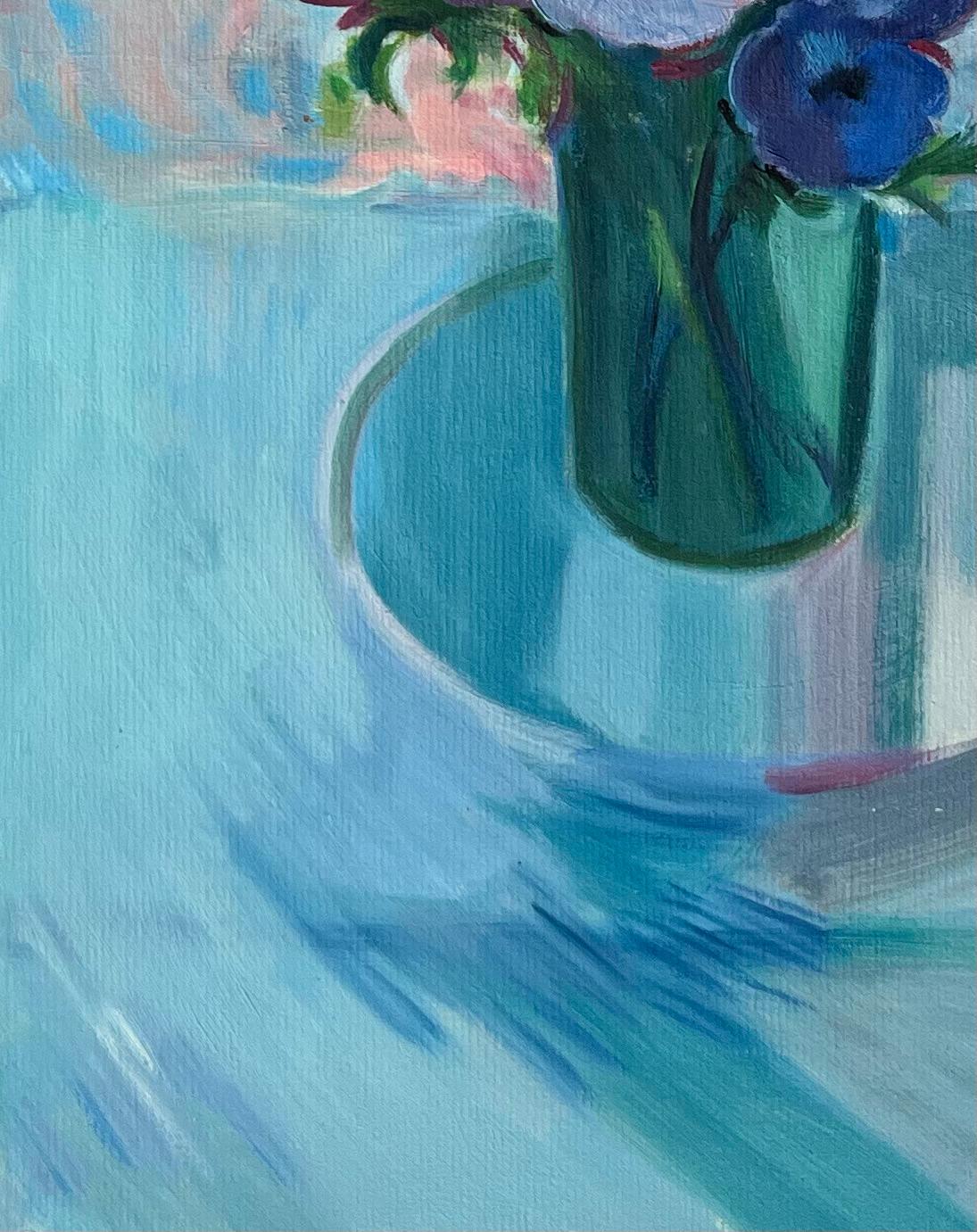 Title: Original Oil Painting of a Bouquet of Anemones in Full Bloom on a Glass Table

Artist: Roland Pichard

Medium: Oil on oil paper, mounted on card

Size: 13.75 (height) x 10.75 (width), (Including mounting: 22 (height) x 15 (width))

Condition: