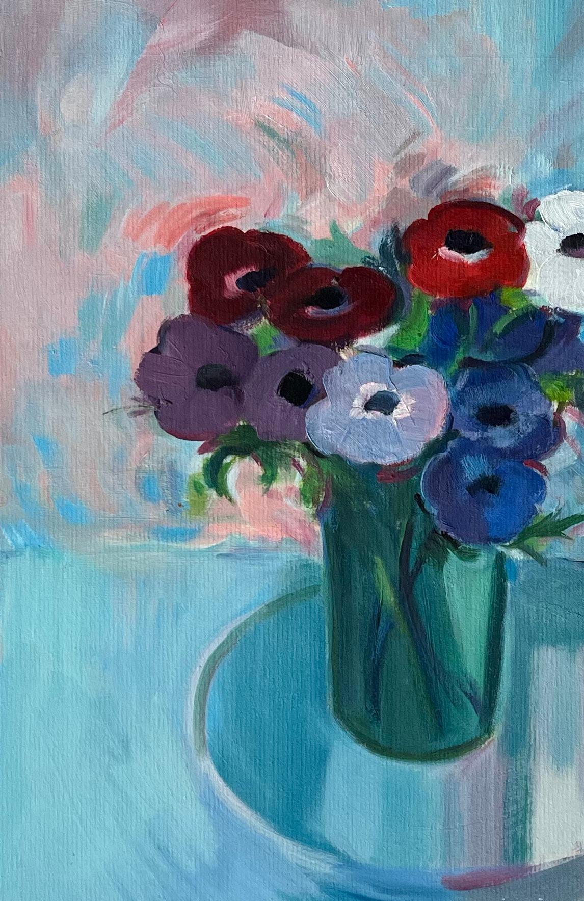Original Oil Painting of a Bouquet of Anemones in Full Bloom on a Glass Table For Sale 2