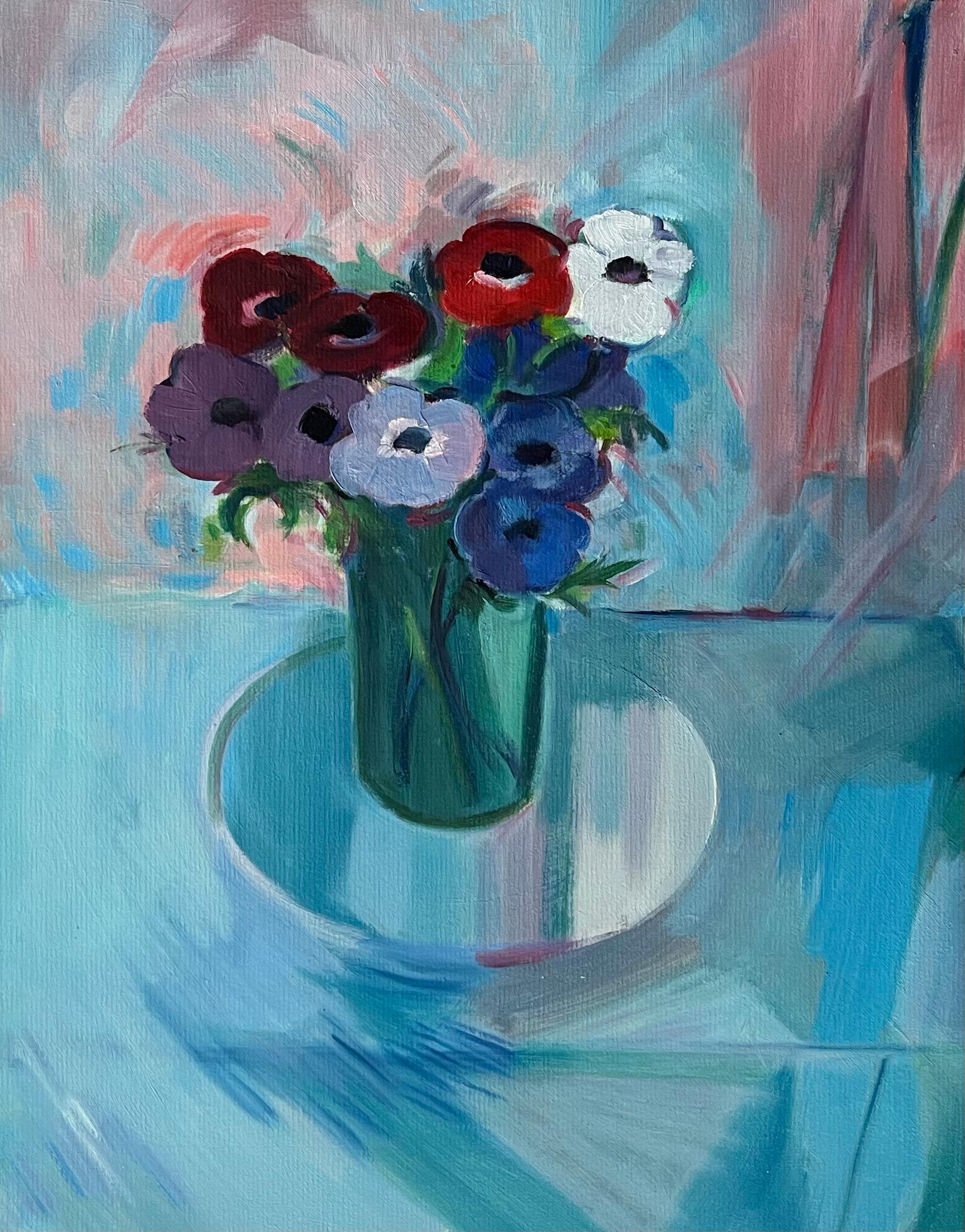 Roland Pichard Abstract Painting - Original Oil Painting of a Bouquet of Anemones in Full Bloom on a Glass Table