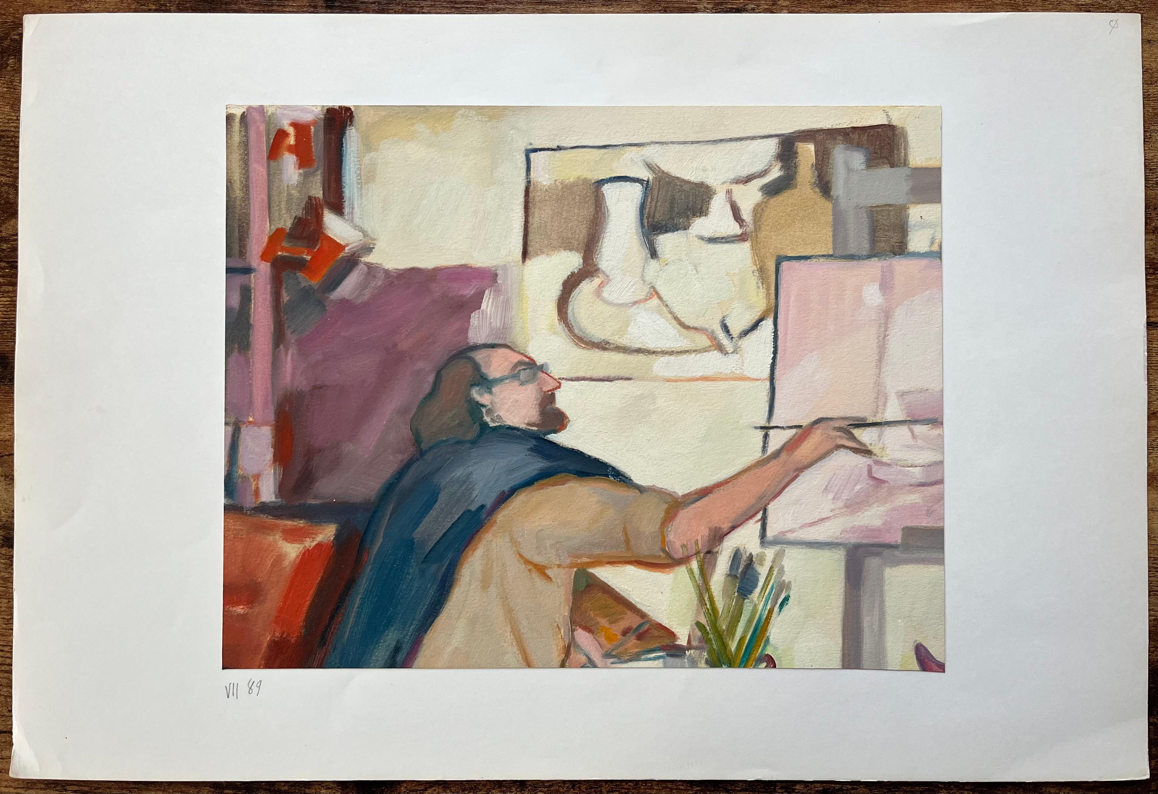 Pittura a olio originale di una scena candida di un artista che dipinge su un cavalletto - Painting di Roland Pichard
