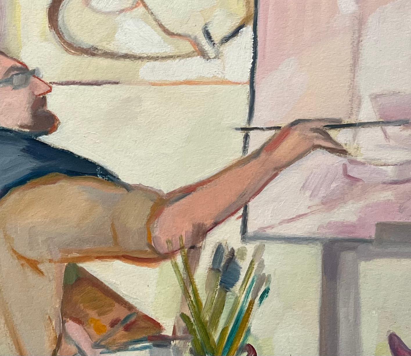 Pittura a olio originale di una scena candida di un artista che dipinge su un cavalletto - Abstract Painting Marrone di Roland Pichard