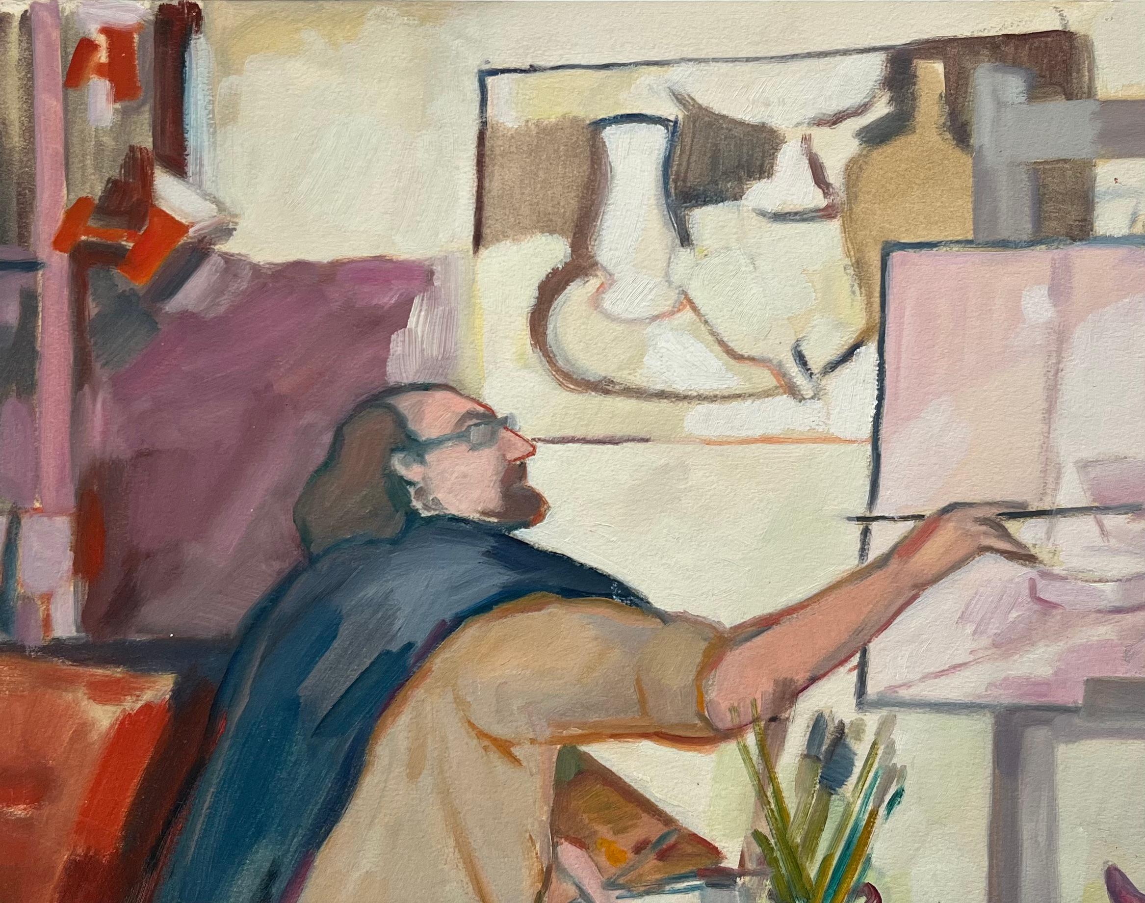 Abstract Painting di Roland Pichard - Pittura a olio originale di una scena candida di un artista che dipinge su un cavalletto