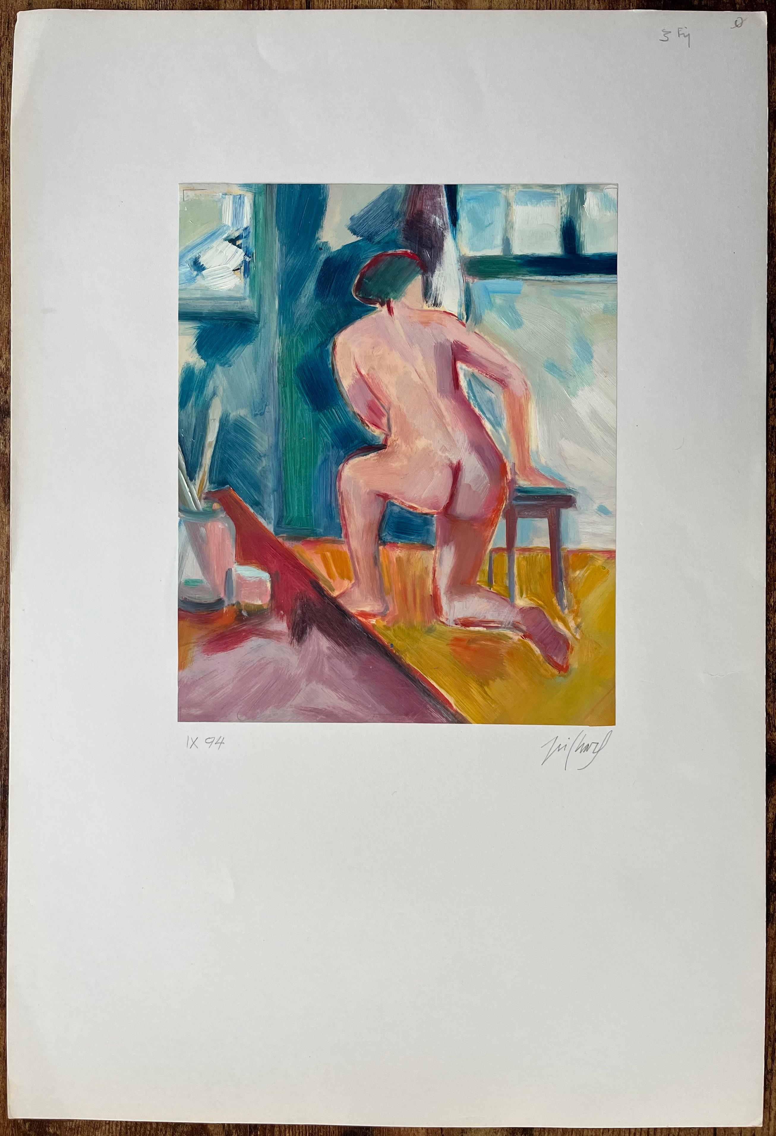 Peinture à l'huile originale d'un nu agenouillé à côté d'un tabouret dans un Studio - Painting de Roland Pichard
