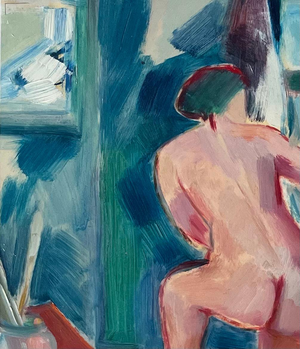 Peinture à l'huile originale d'un nu agenouillé à côté d'un tabouret dans un Studio - Post-impressionnisme Painting par Roland Pichard