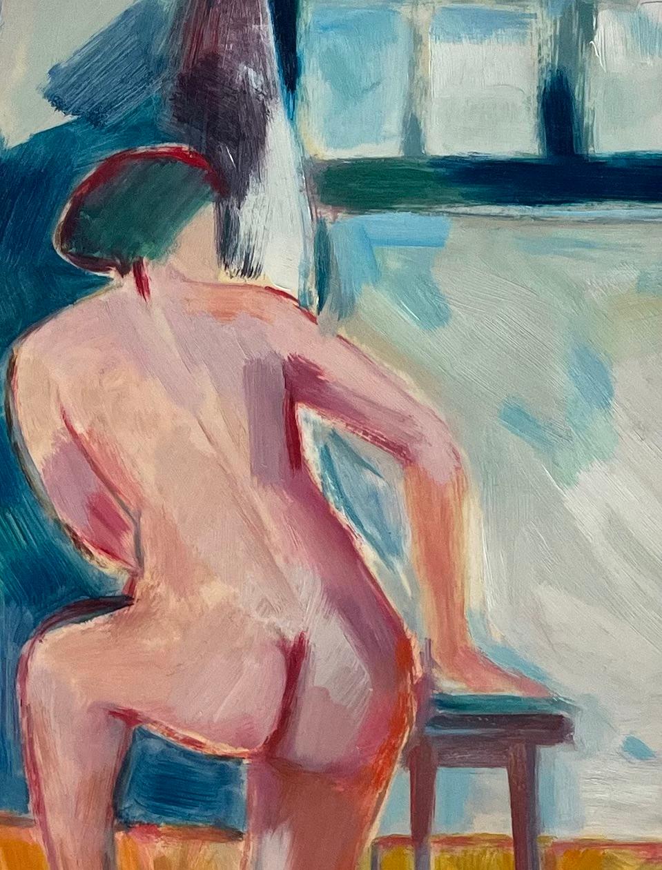 Peinture à l'huile originale d'un nu agenouillé à côté d'un tabouret dans un Studio - Marron Abstract Painting par Roland Pichard