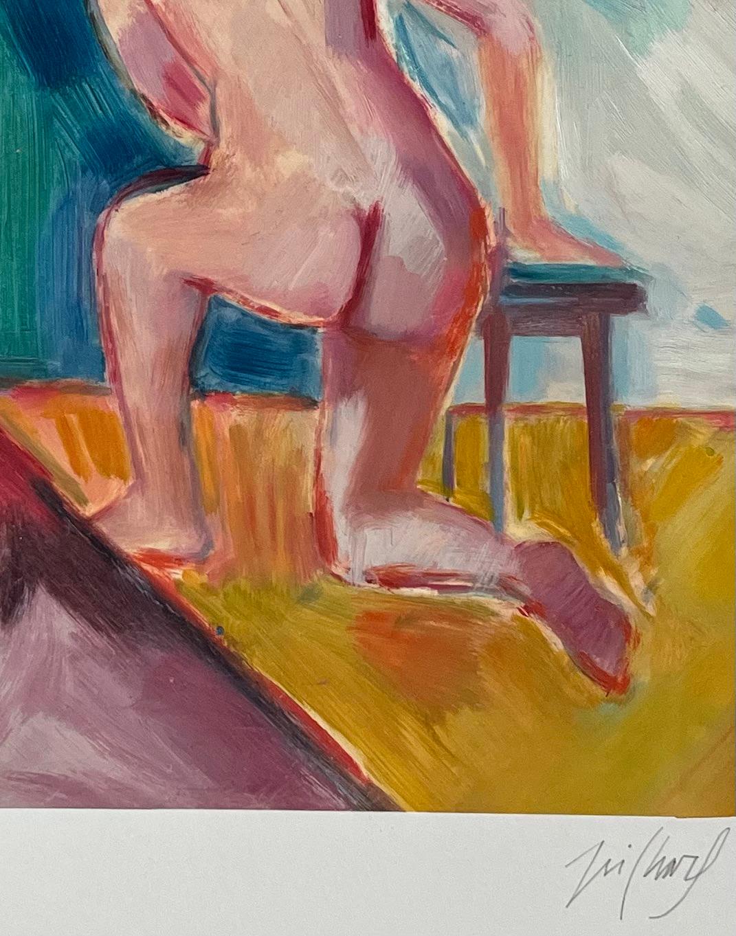 Titre : Peinture à l'huile originale d'un personnage nu agenouillé à côté d'un tabouret dans un décor de Studio

Artistics : Roland Pichard

Signé : En bas à droite

Support : Huile sur papier huilé, monté sur carton

Taille : 10,75 (hauteur)  x