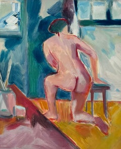Vintage Original Oil Painting of a Nude Figure Kneeling Next a stool in a Studio Setting