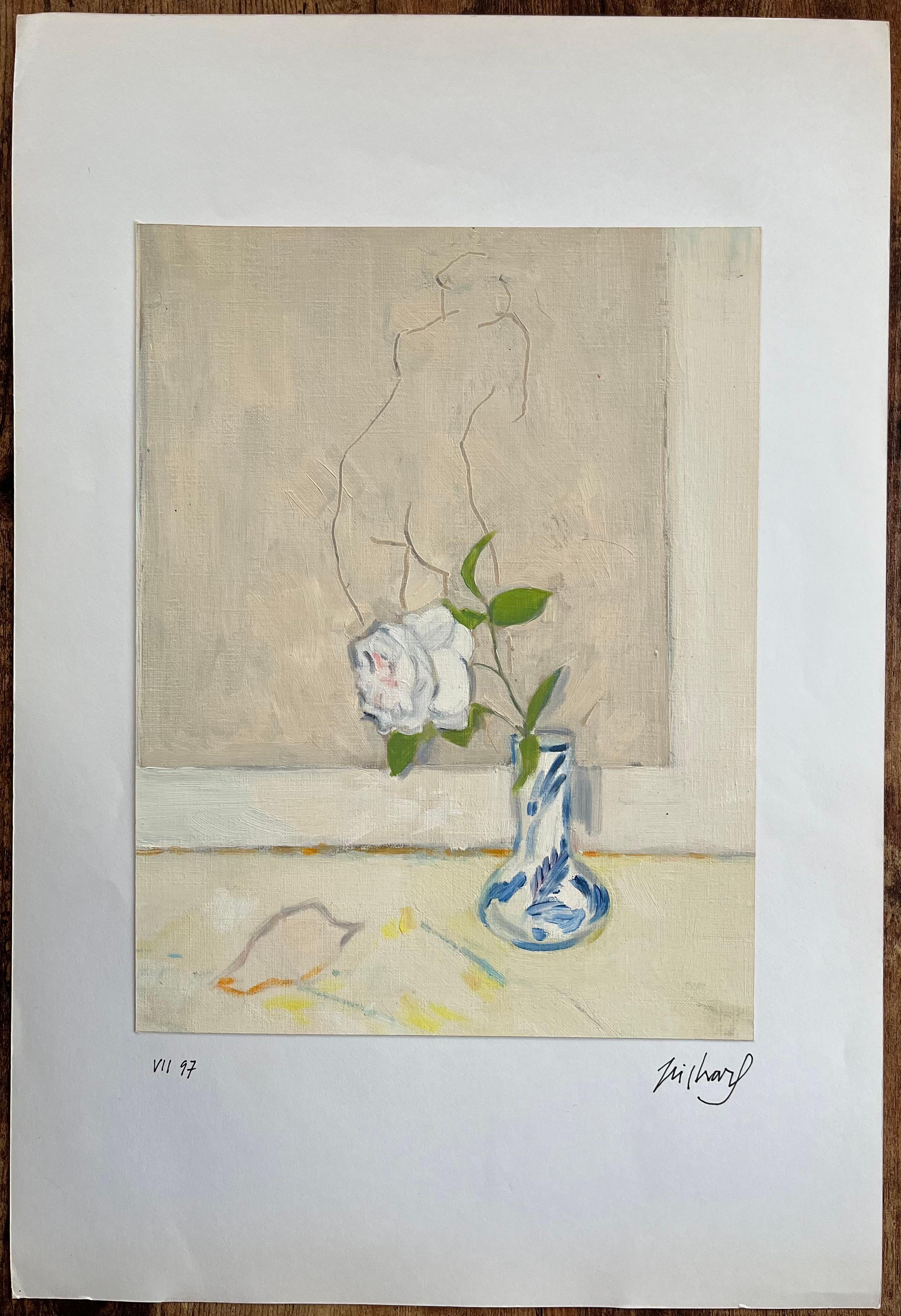 Pintura al óleo original de una rosa en un jarrón sobre una mesa y un retrato desnudo - Painting de Roland Pichard