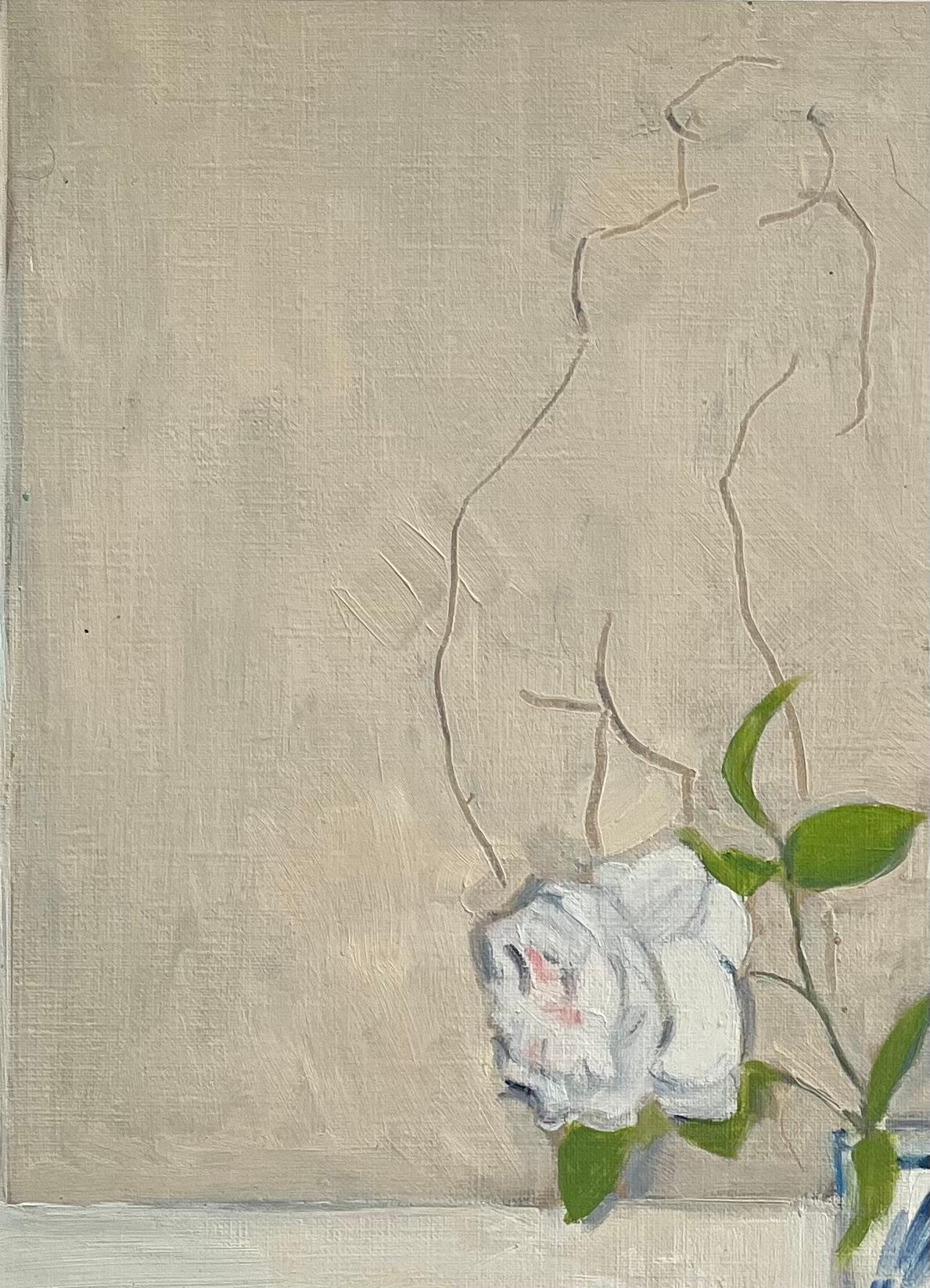Pintura al óleo original de una rosa en un jarrón sobre una mesa y un retrato desnudo 1