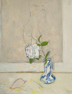 Pintura al óleo original de una rosa en un jarrón sobre una mesa y un retrato desnudo