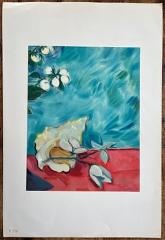 Original Oil Painting of a Shell and Blossoms on Crimson Fabric