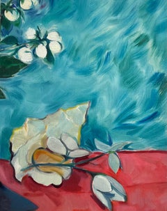 Original Oil Painting of a Shell and Blossoms on Crimson Fabric