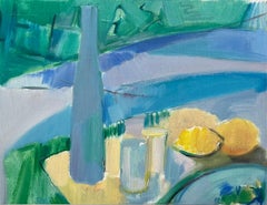Original Oil Painting of a Vibrant Still Life with Lemons and Bottle