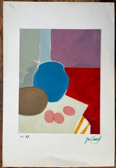Original Ölgemälde mit blauer Vase, brauner Schale und Eiern auf einem Tisch