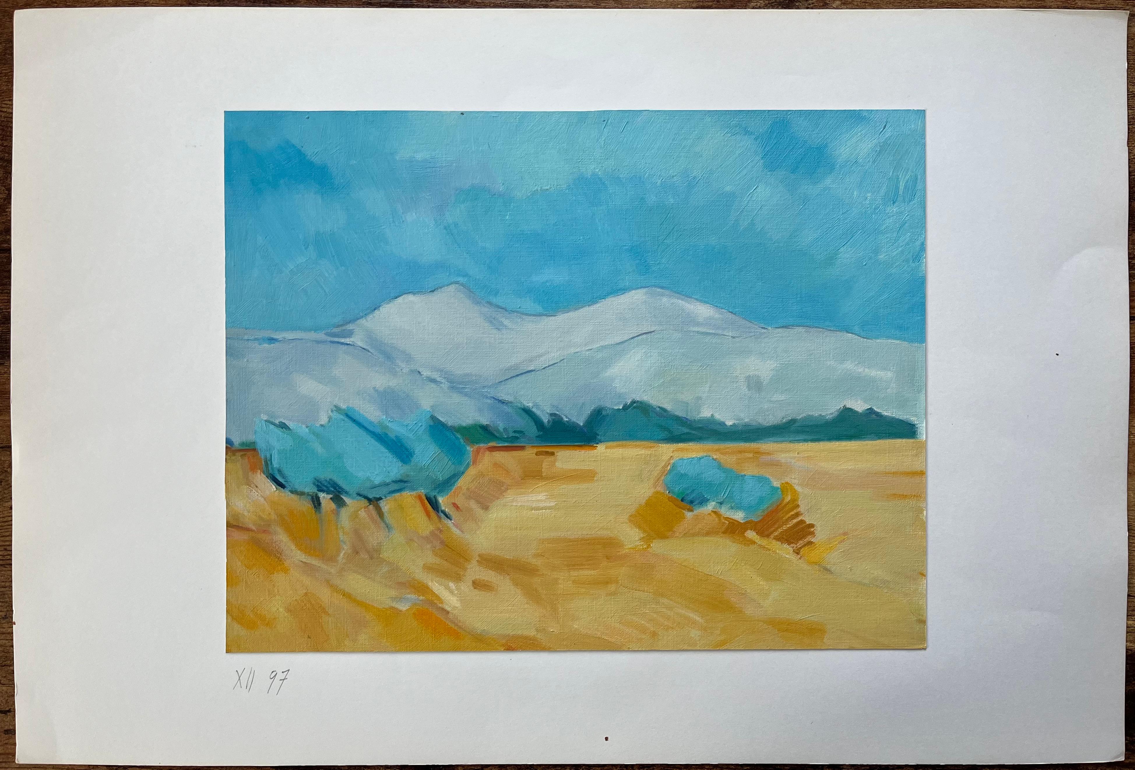 Pintura al Óleo Original de Campos Dorados con Montañas Lejanas y Cielo Azul - Painting Posimpresionista de Roland Pichard