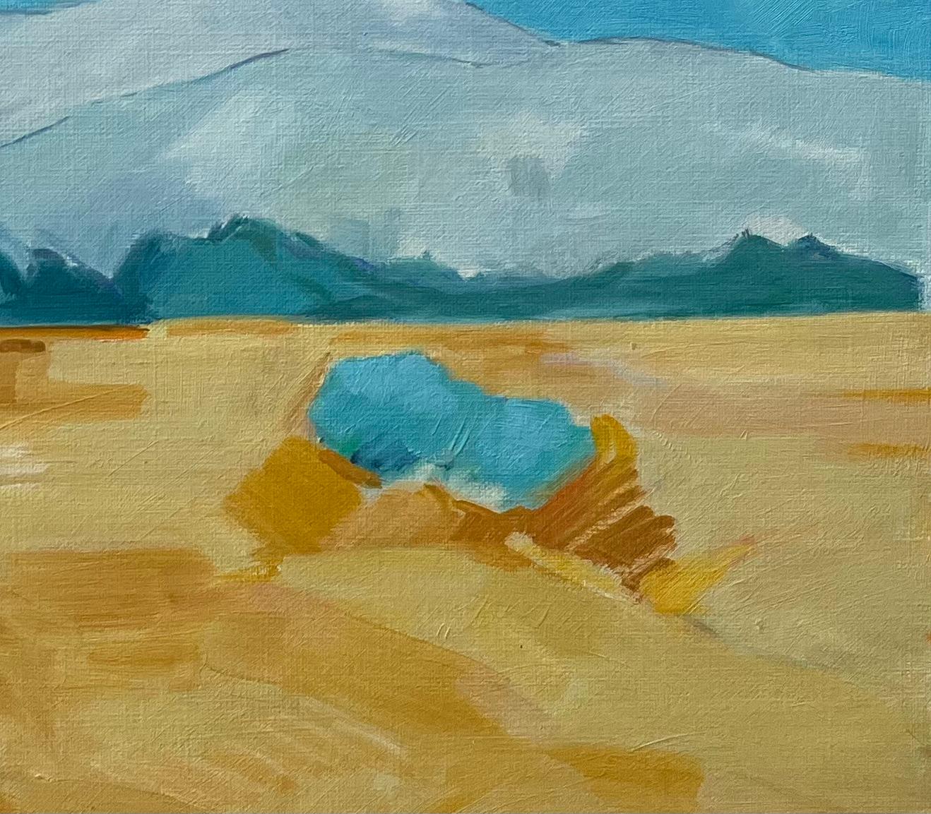 Pintura al Óleo Original de Campos Dorados con Montañas Lejanas y Cielo Azul - Abstract Painting Gris de Roland Pichard