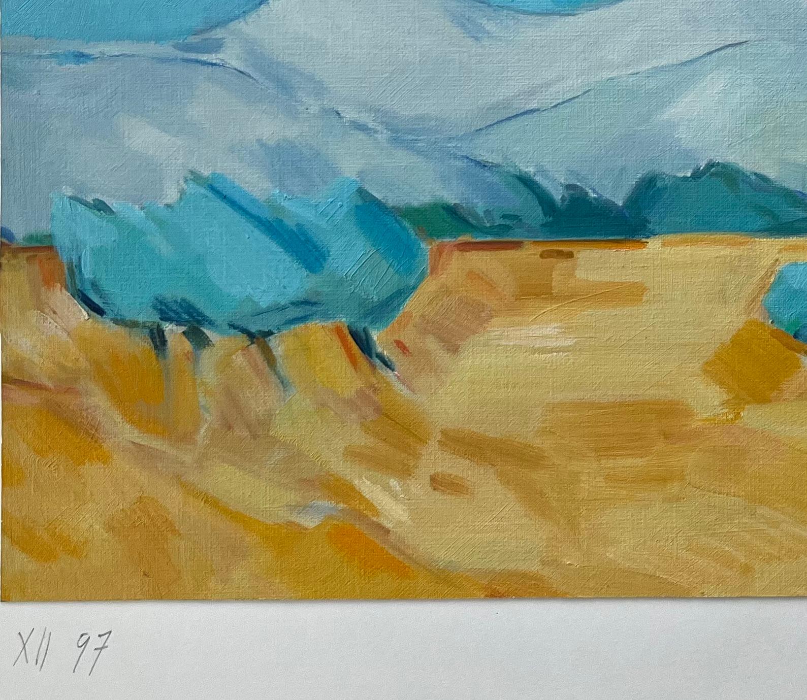 Título: Pintura al óleo original de Campos dorados con montañas lejanas y cielo azul

Artista: Roland Pichard

Técnica: Óleo sobre papel al óleo, montado sobre cartulina

Tamaño: 10,75 (alto) x 13,75 (ancho), (Incluido el montaje: 22 (alto) x 15