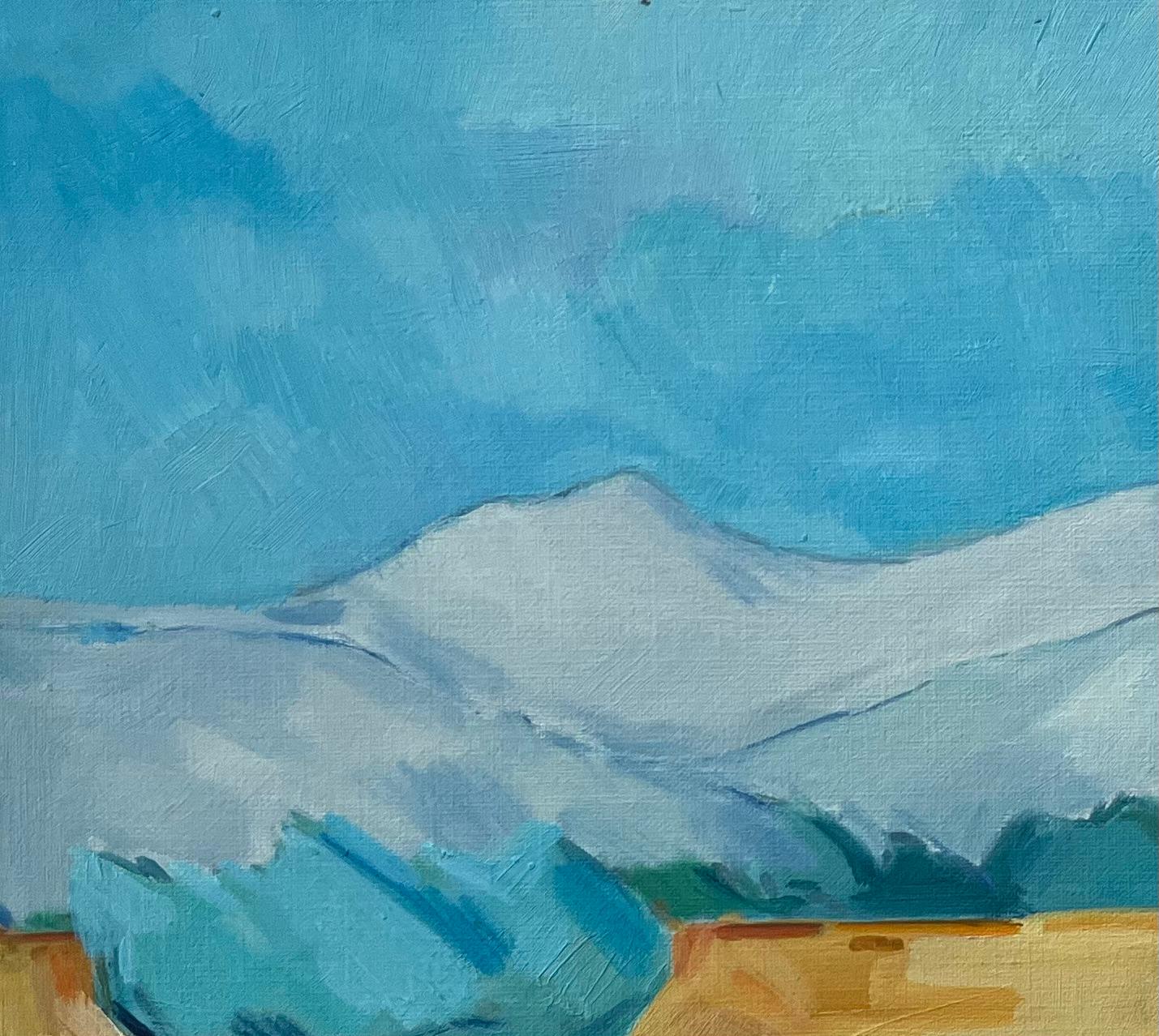 Pintura al Óleo Original de Campos Dorados con Montañas Lejanas y Cielo Azul en venta 1