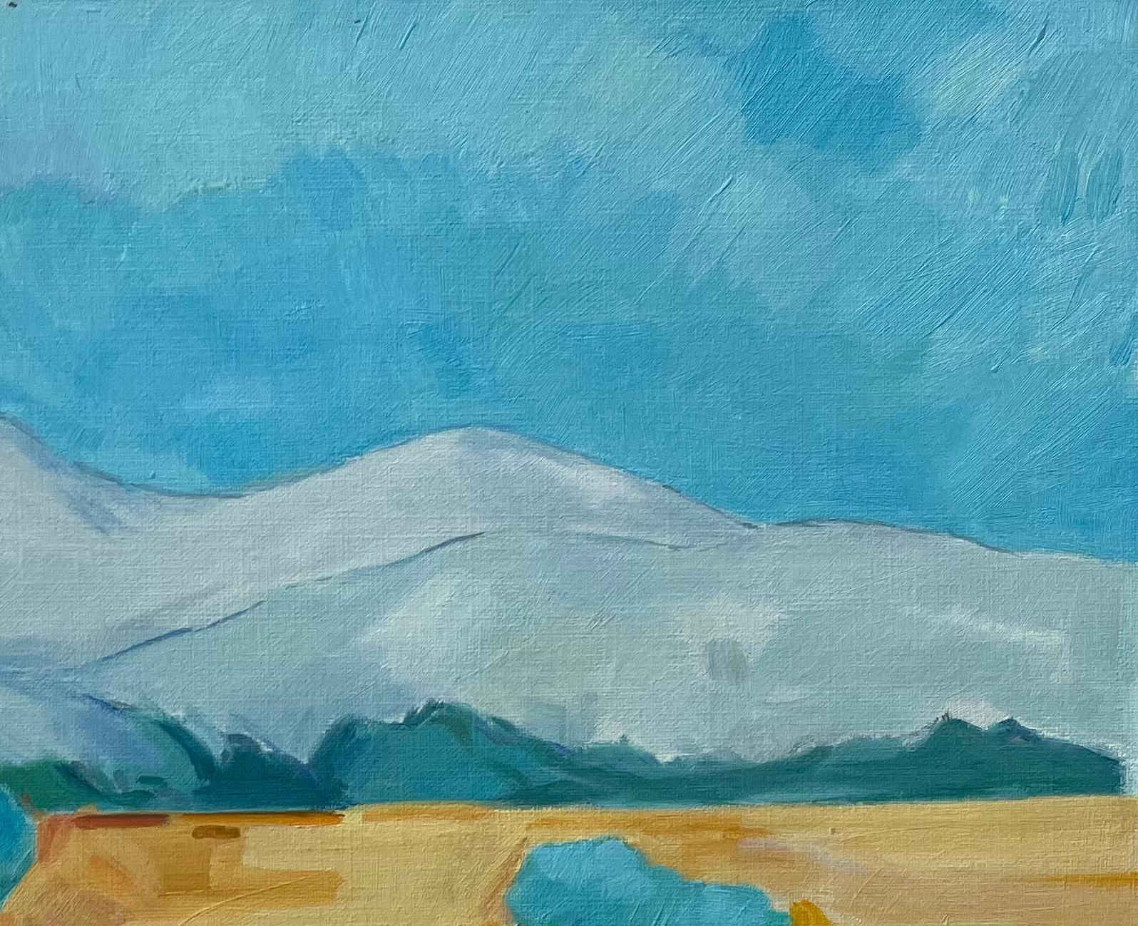 Pintura al Óleo Original de Campos Dorados con Montañas Lejanas y Cielo Azul en venta 2