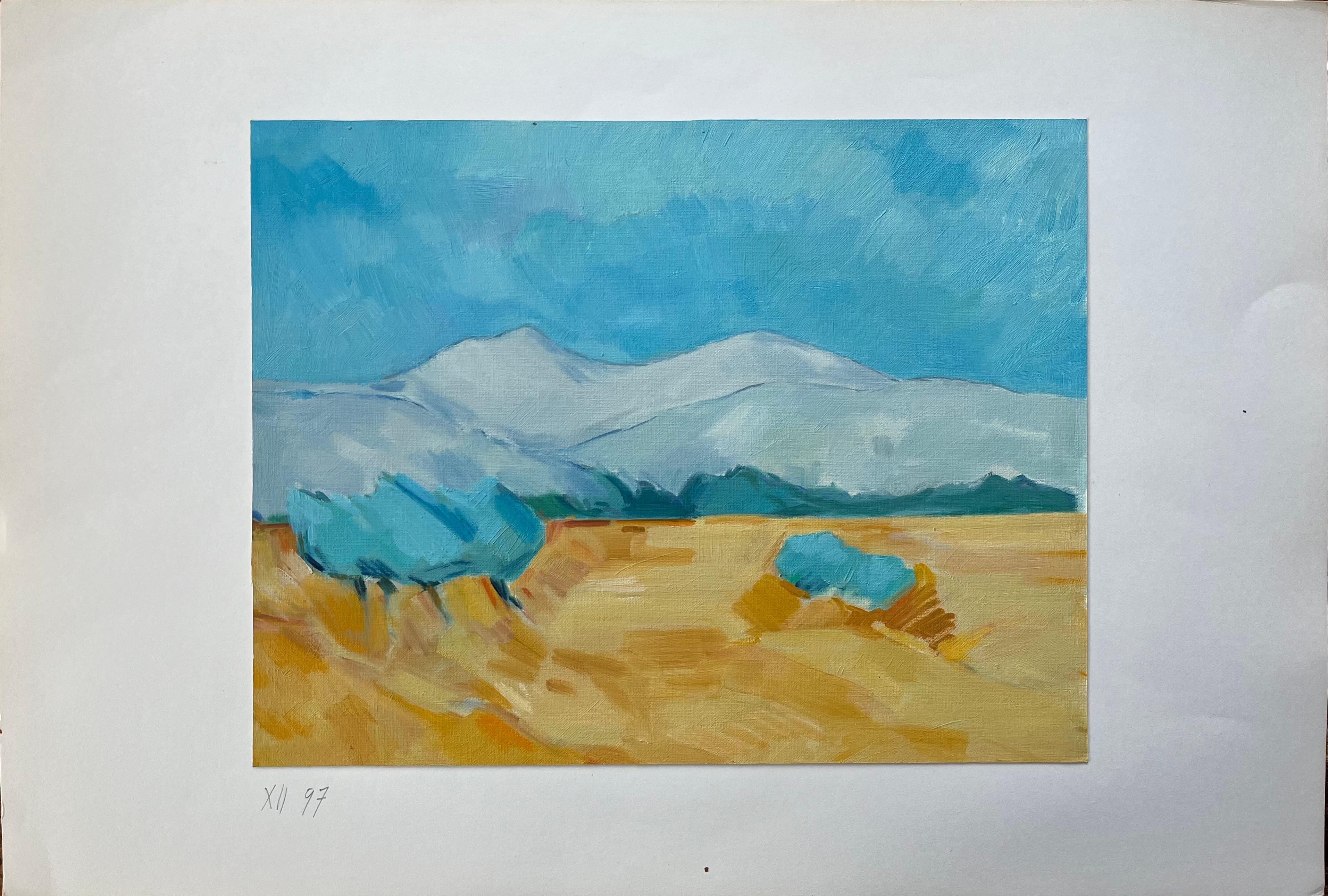 Pintura al Óleo Original de Campos Dorados con Montañas Lejanas y Cielo Azul - Painting de Roland Pichard