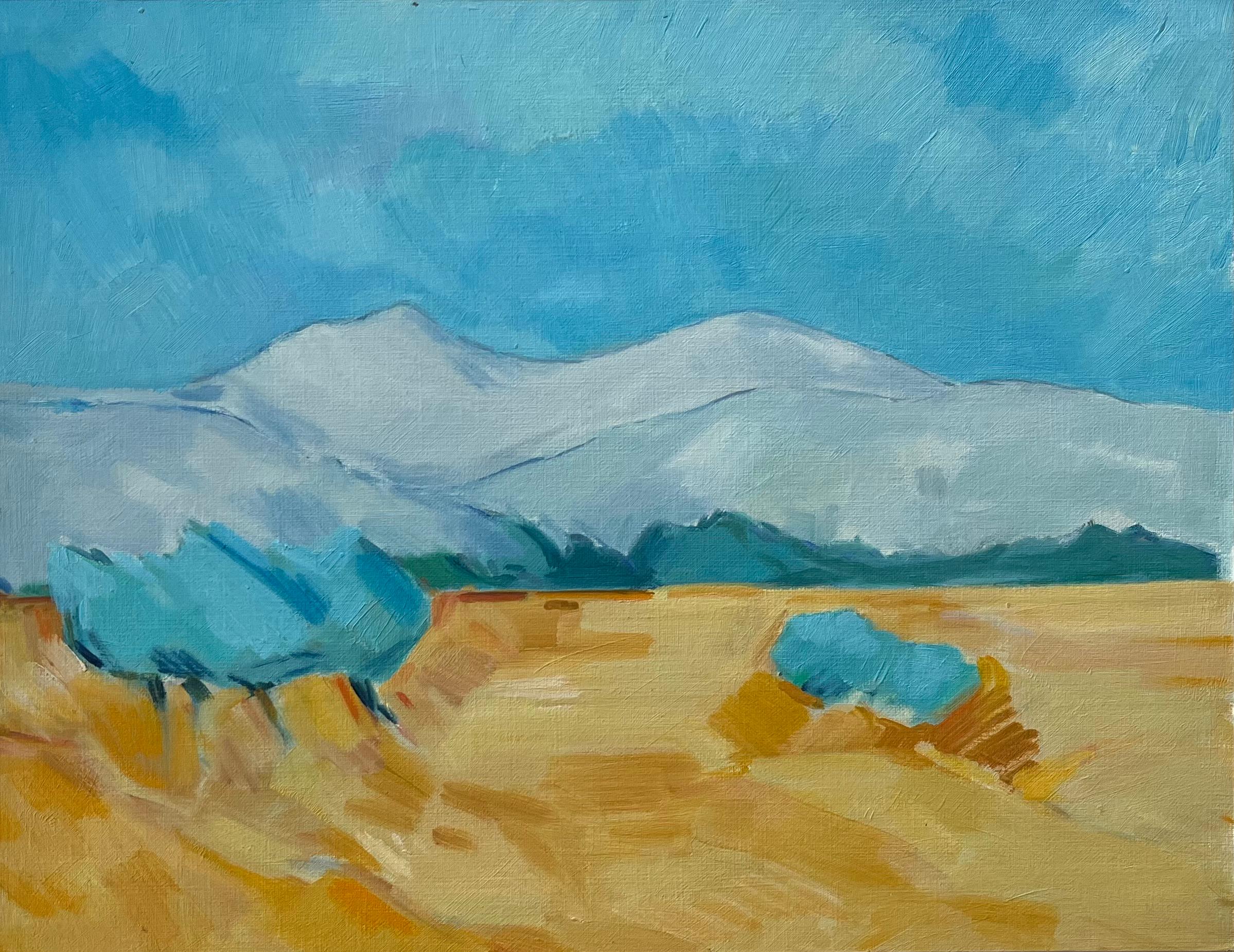 Abstract Painting de Roland Pichard - Pintura al Óleo Original de Campos Dorados con Montañas Lejanas y Cielo Azul