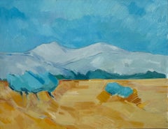 Original Oil Painting of Golden Fields with Distant Mountains and Blue Sky