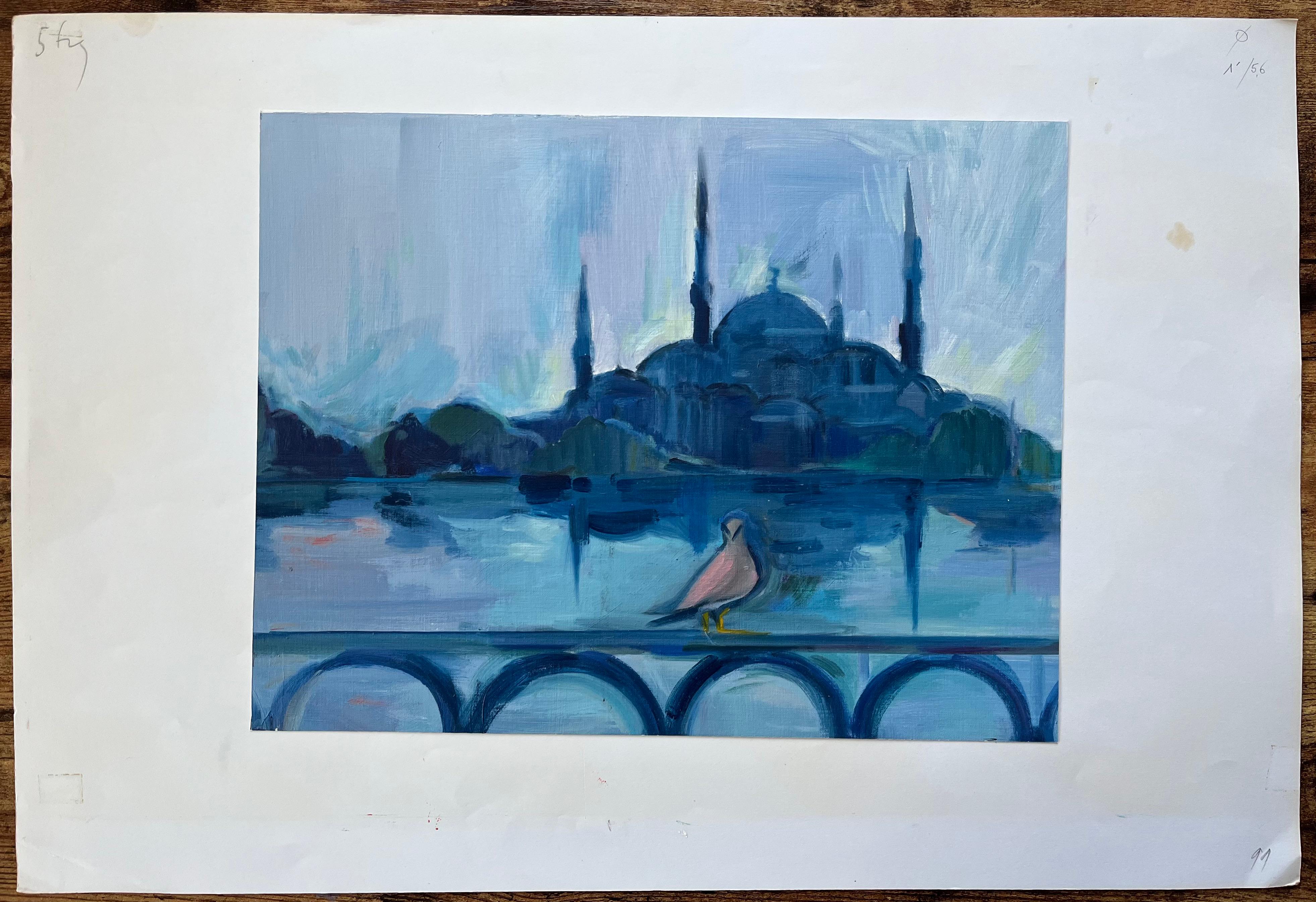 Original Ölgemälde der Blauen Moschee in Istanbul mit Spiegelung und Vogel (Post-Impressionismus), Painting, von Roland Pichard