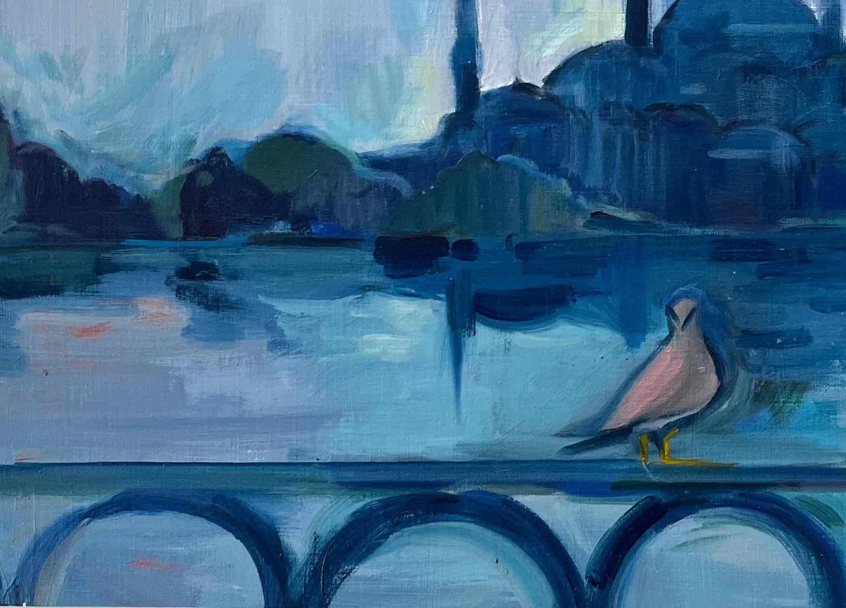 Original Ölgemälde der Blauen Moschee in Istanbul mit Spiegelung und Vogel im Angebot 1