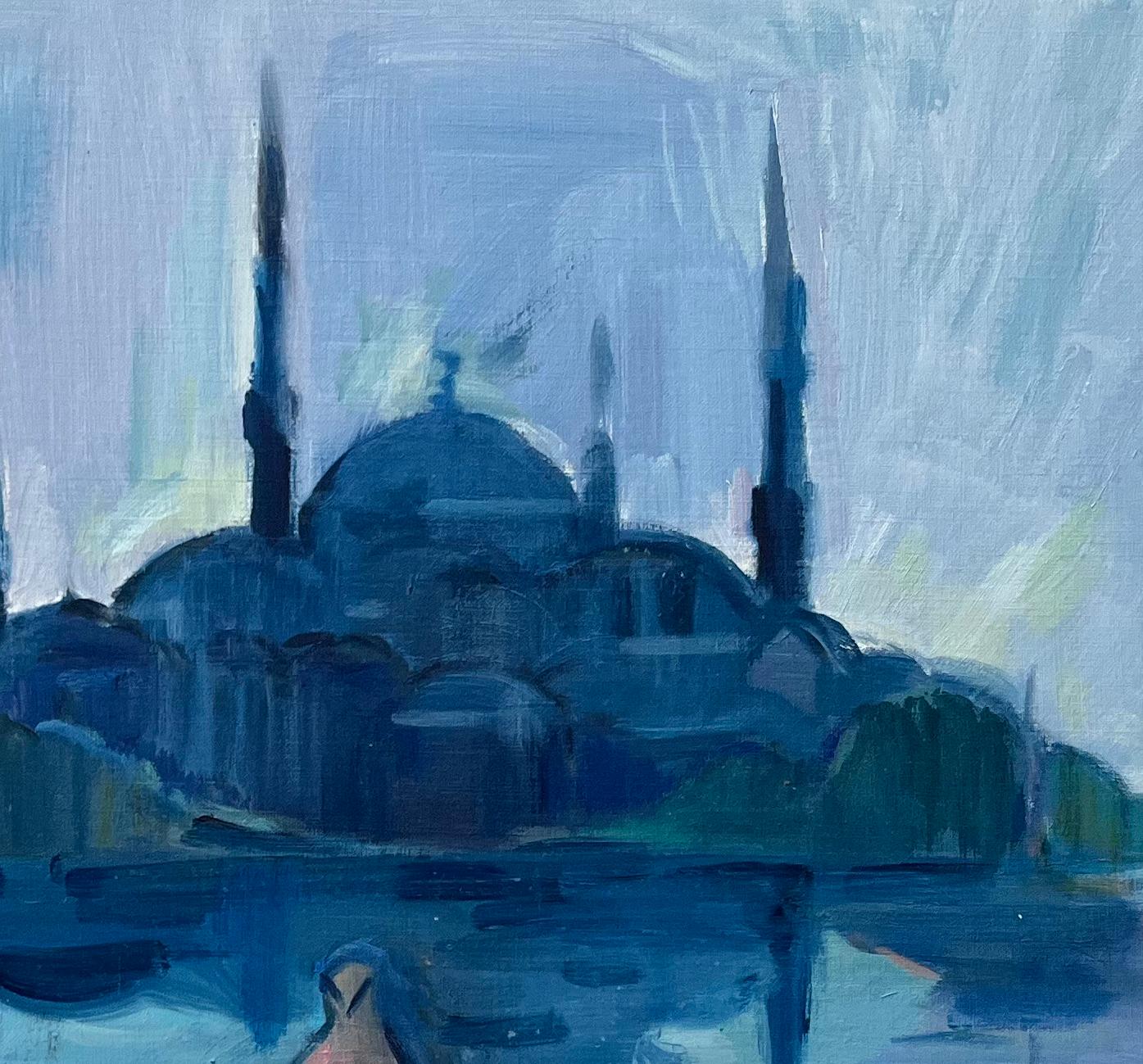 Original Ölgemälde der Blauen Moschee in Istanbul mit Spiegelung und Vogel im Angebot 2