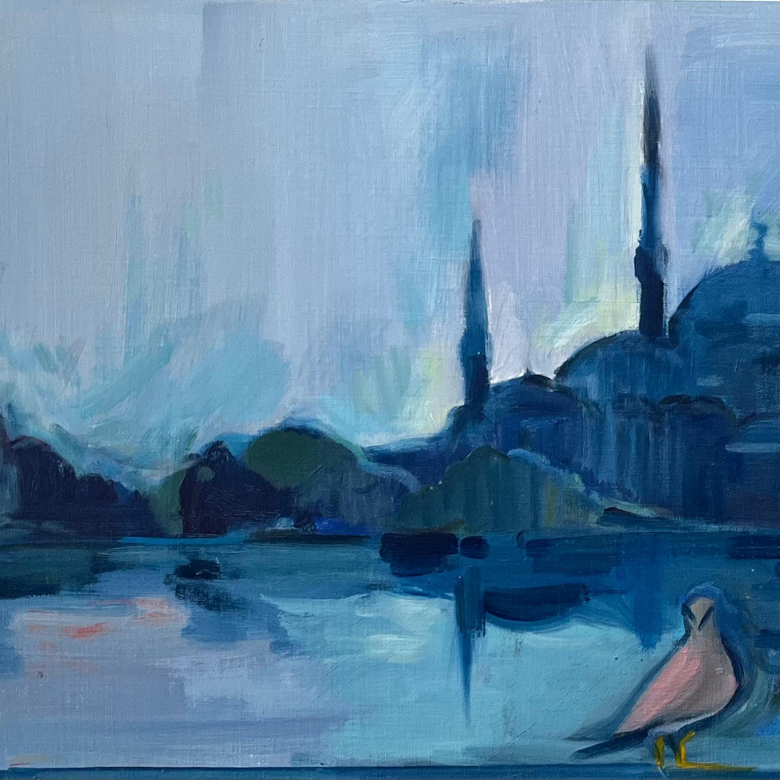 Original Ölgemälde der Blauen Moschee in Istanbul mit Spiegelung und Vogel im Angebot 3