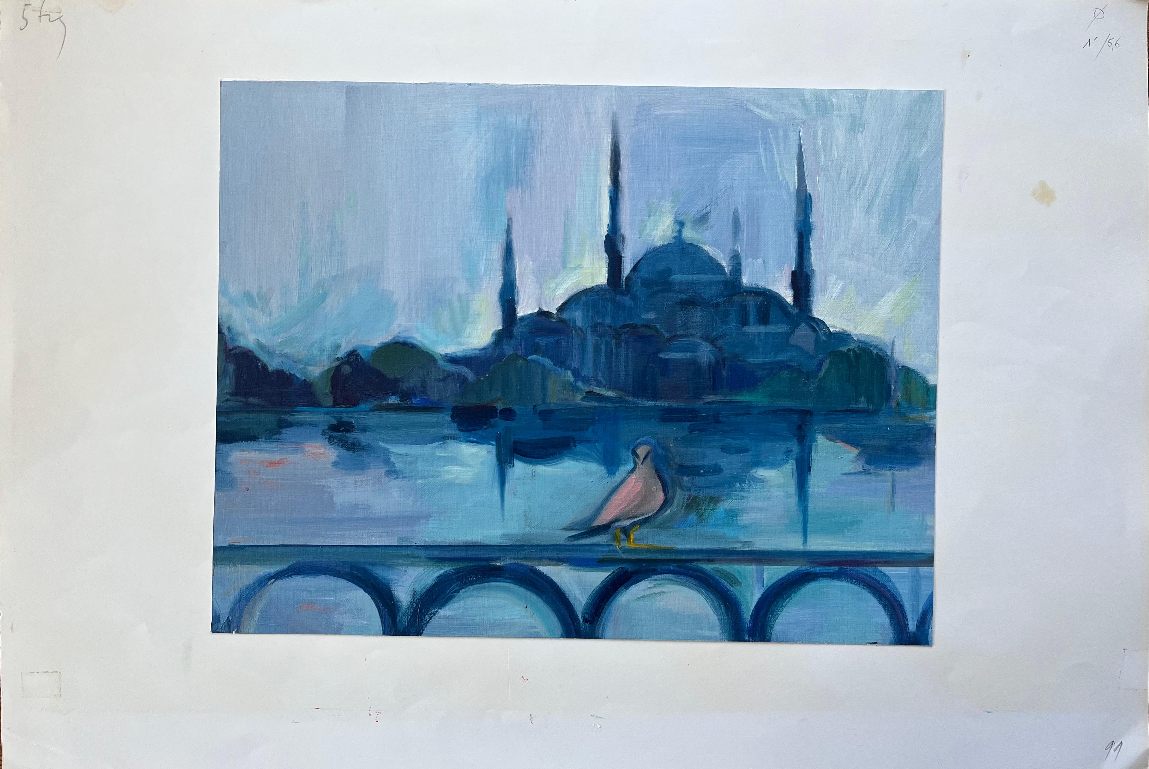 Original Ölgemälde der Blauen Moschee in Istanbul mit Spiegelung und Vogel – Painting von Roland Pichard