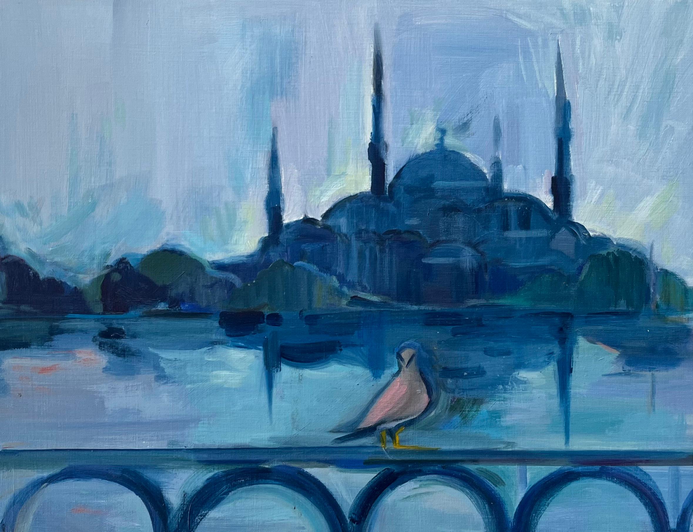 Roland Pichard Abstract Painting – Original Ölgemälde der Blauen Moschee in Istanbul mit Spiegelung und Vogel