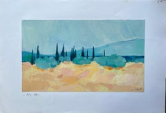 Original Oil Painting of Mediterranean Landscape with Cypress Trees